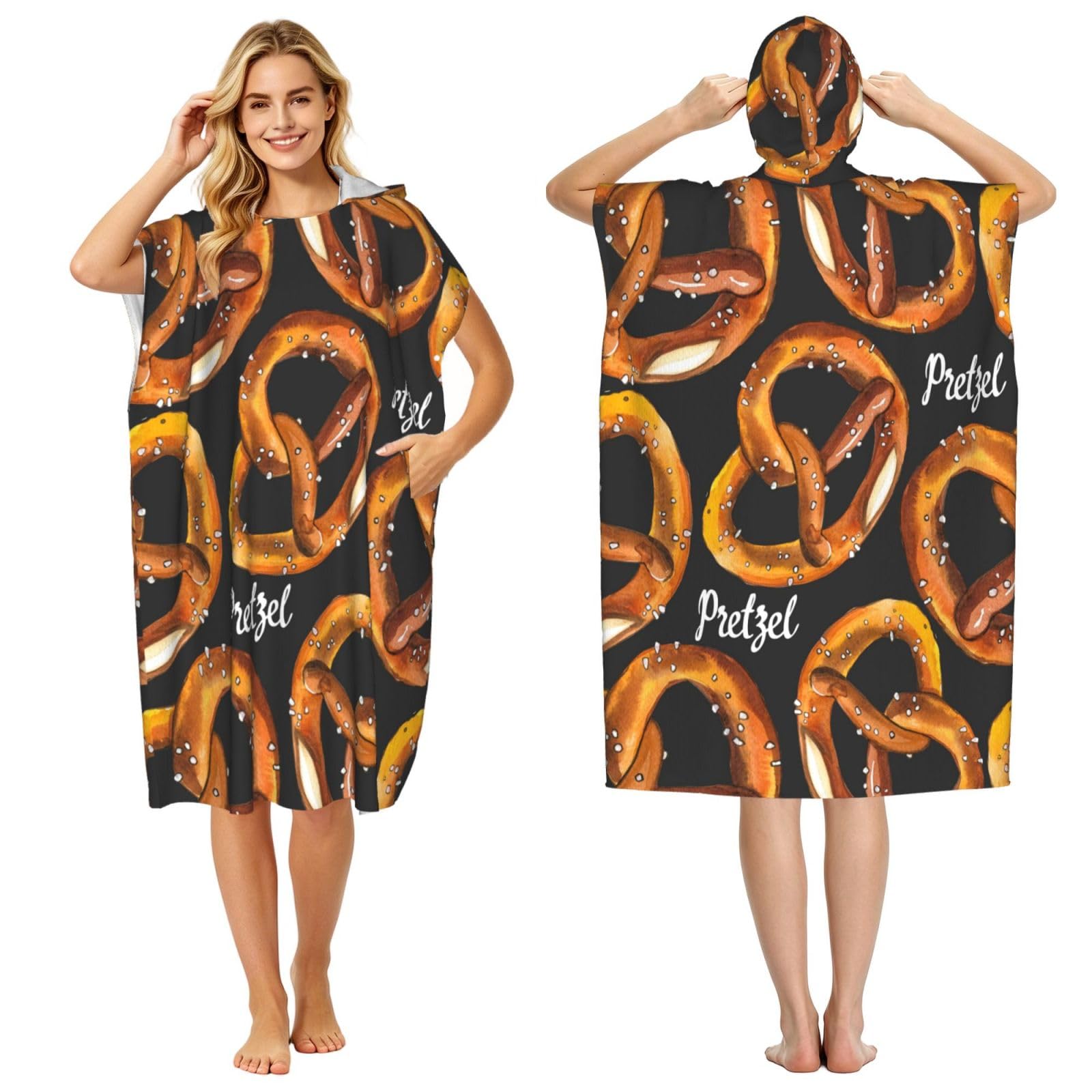 Poadnly Delicious Pretzel, Adult Hooded Beach Towel 90 x 110 cm,Changing Bath Robe, Surf Poncho Towel For Women Men