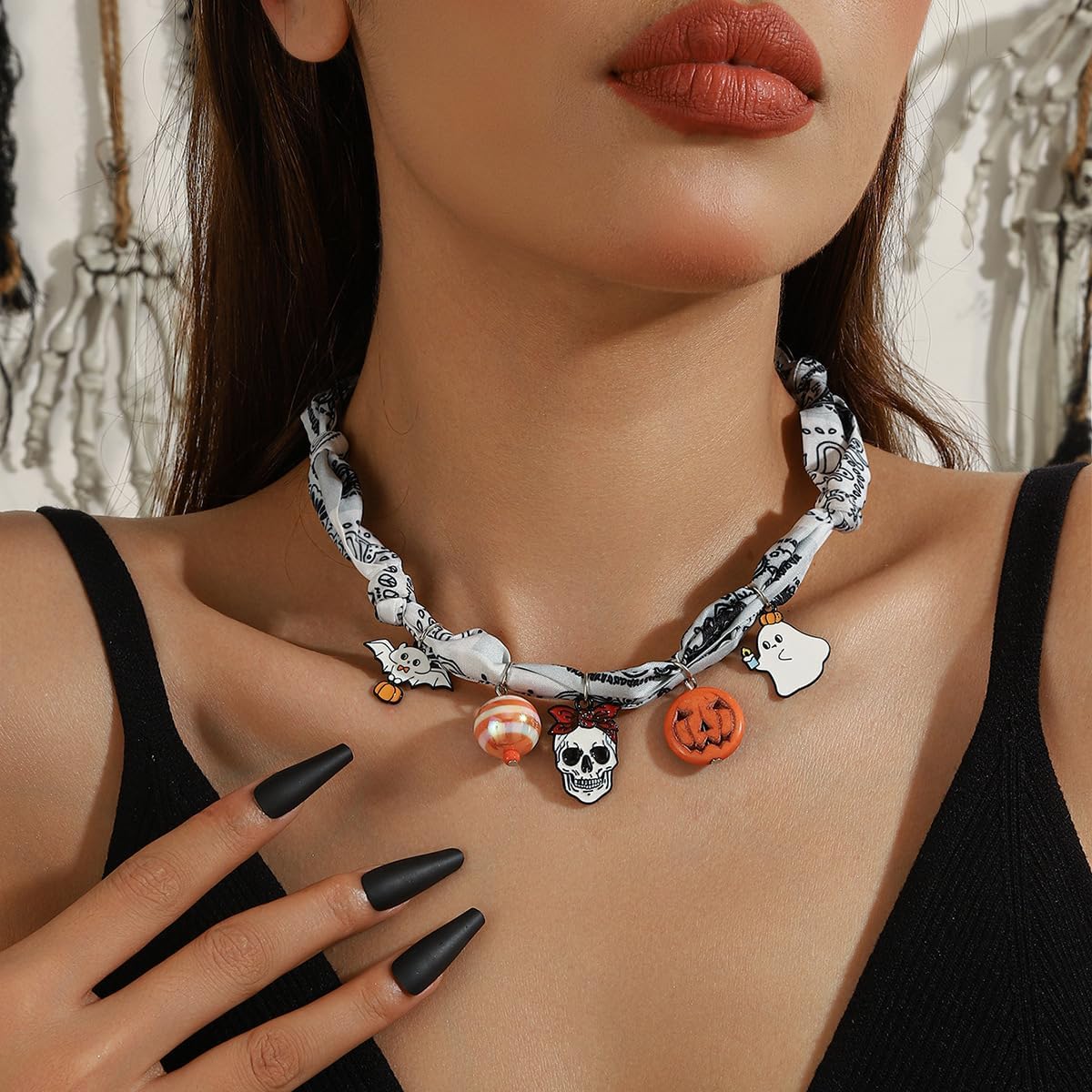 Scarf Necklaces with Charm for Women Boho Bandana Necklaces Vintage Scarf Pendant Necklace Adjustable Tie Statement Choker Necklace Halloween Christmas Jewelry Gift for Women image 2
