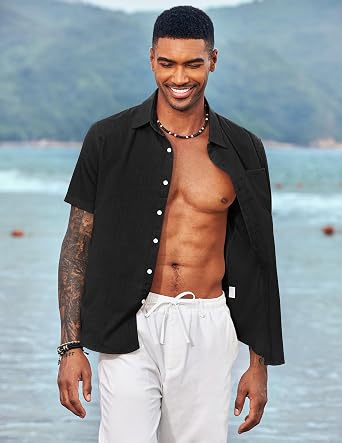 COOFANDY Men's Short Sleeve Linen Shirt Lightweight Summer Shirt Casual Shirt Beach Shirt Short Sleeve Shirt