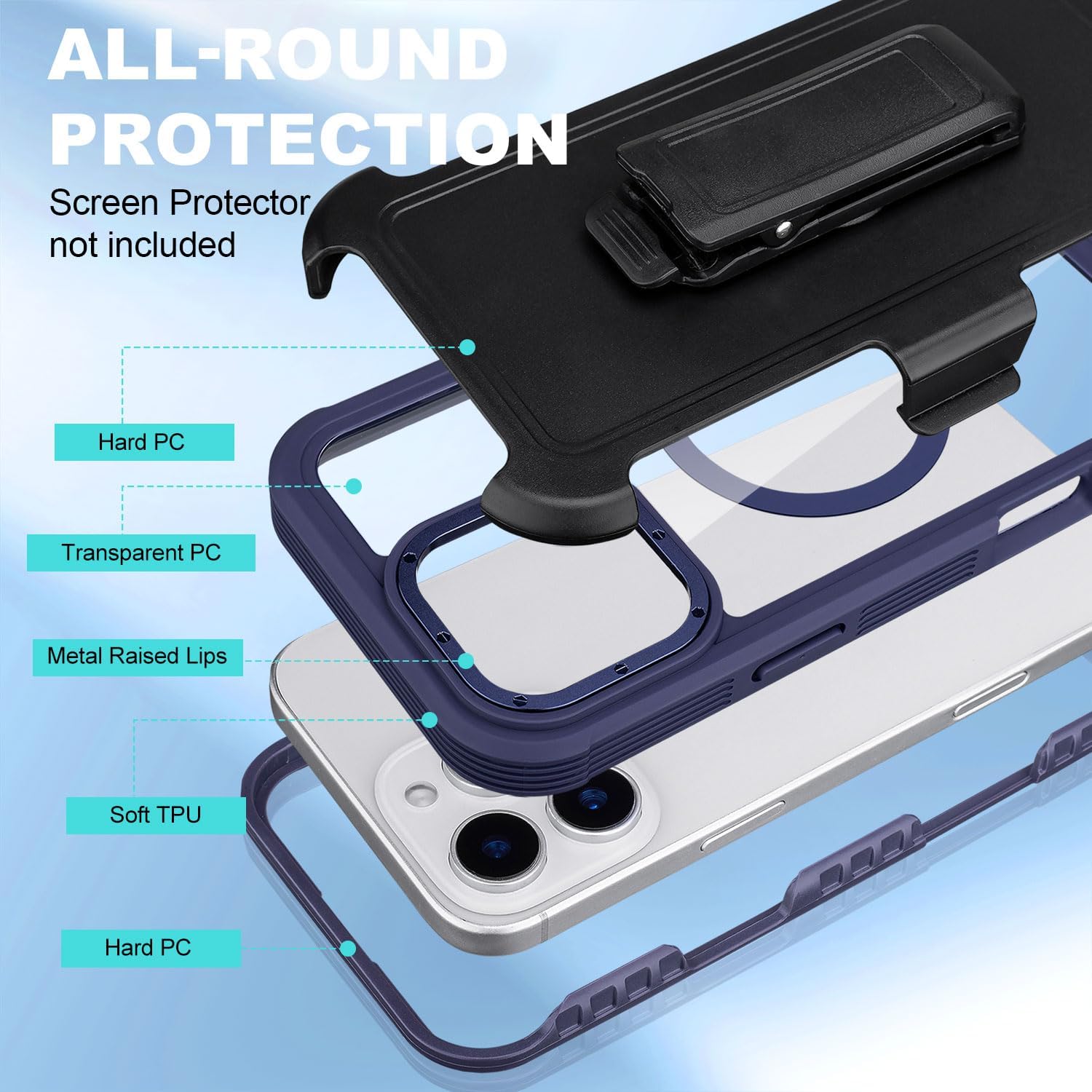 Phone Case for iPhone 16 Pro Max with Belt Clip Holster, Compatible with MagSafe, Anti-Yellowing, Military Shockproof Protective for Clear iPhone 16 Pro Max Case (Clear & Blue)