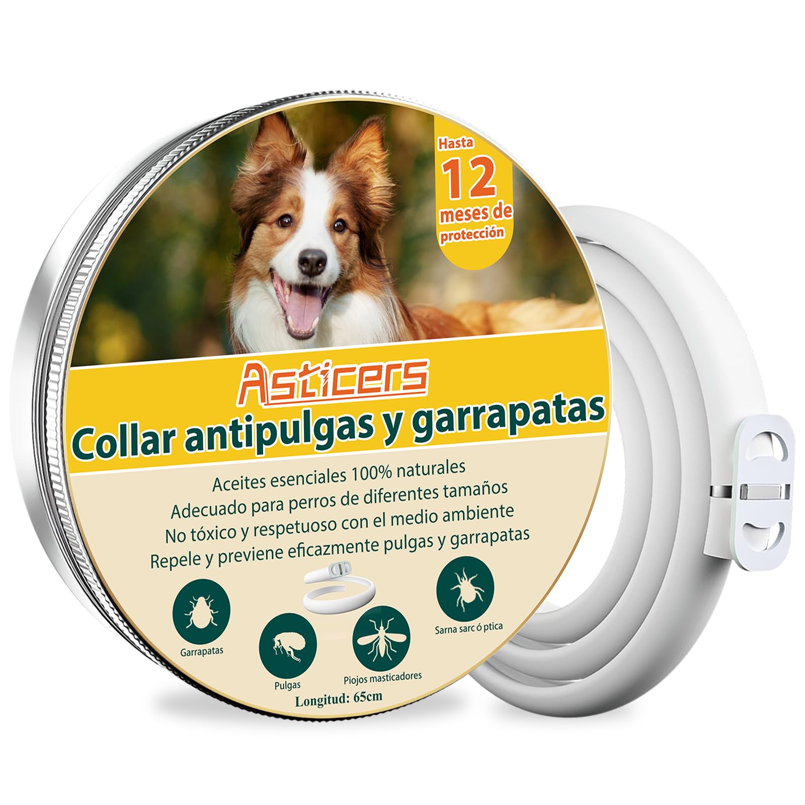 Collar Antiparasitario Perros, Seguro y Eficaz Collares Antiparasitos Perros, 12 Meses de Eficacia Collar Antipulgas Perros de 65 cm para Perros Pequeños, Medianos y Grandes (65cm)