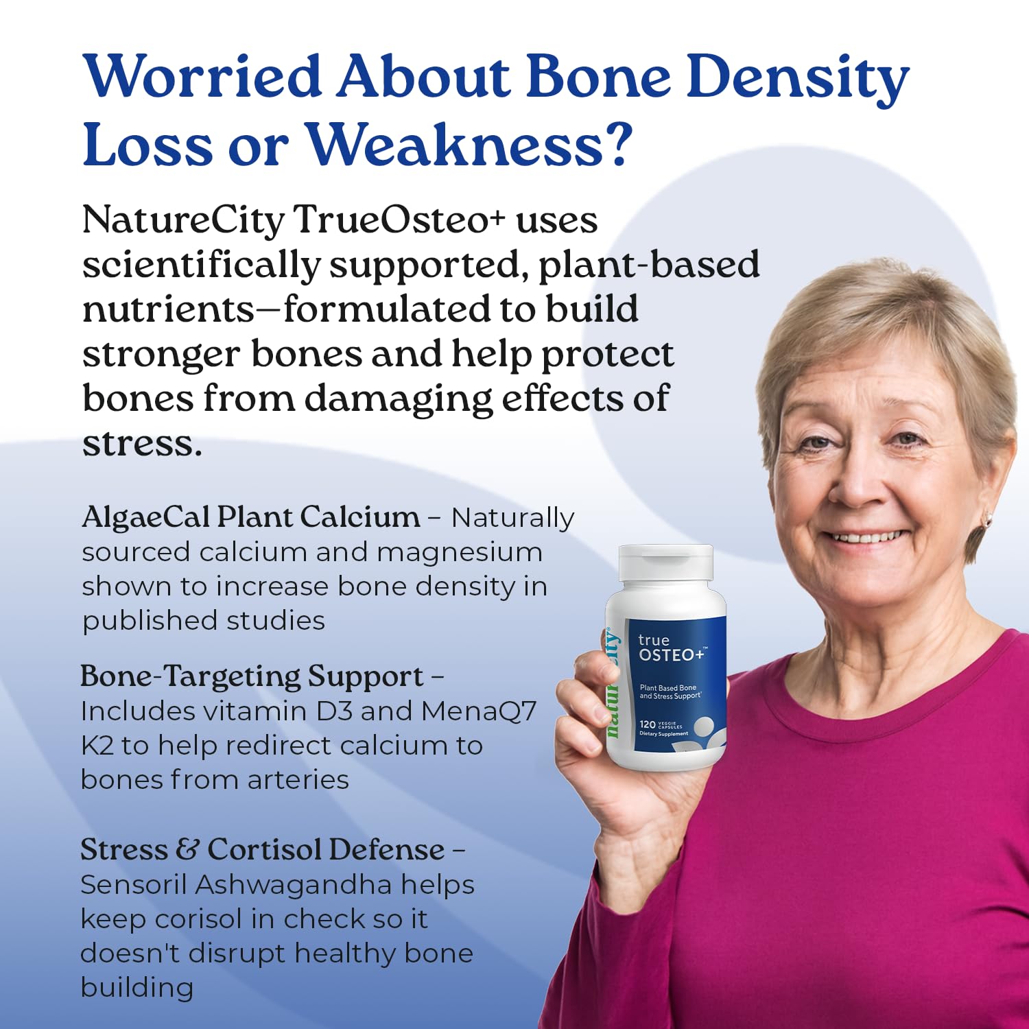 NatureCity True-Osteo Plus Bone Support with Ashwagandha – for Strength & Density – Plant-Based Calcium with Organic AlgaeCal, Magnesium, Vitamin D3, K2, Silicon & Stress Support | 120 Veggie Capsules — Amazon image 4