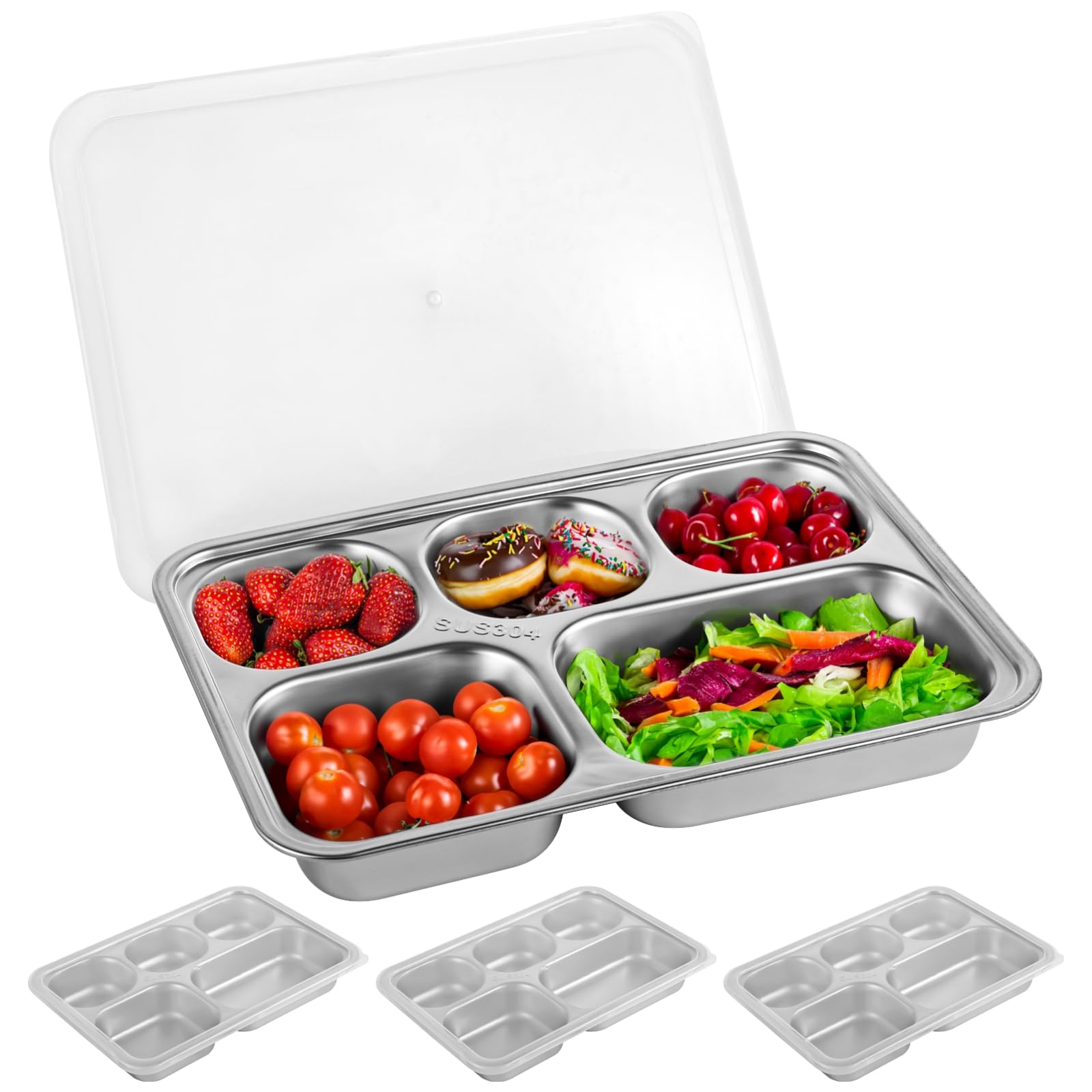 YOFAPA 3 PCS Stainless Steel Snack Containers with Lids, 5-Compartment Reusable Meal Prep Lunch Trays with PP Lids for School Cafeteria Restaurant, 10.2 in x 7.1 in x 1.6 in