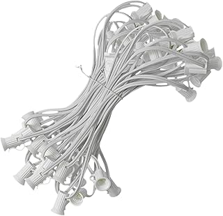 Outdoor Patio Lighting Cords, White Wire Strings, 50 Feet of Length, 50 Sockets Spaced 12 Inch Apart, Male and Female Plugs