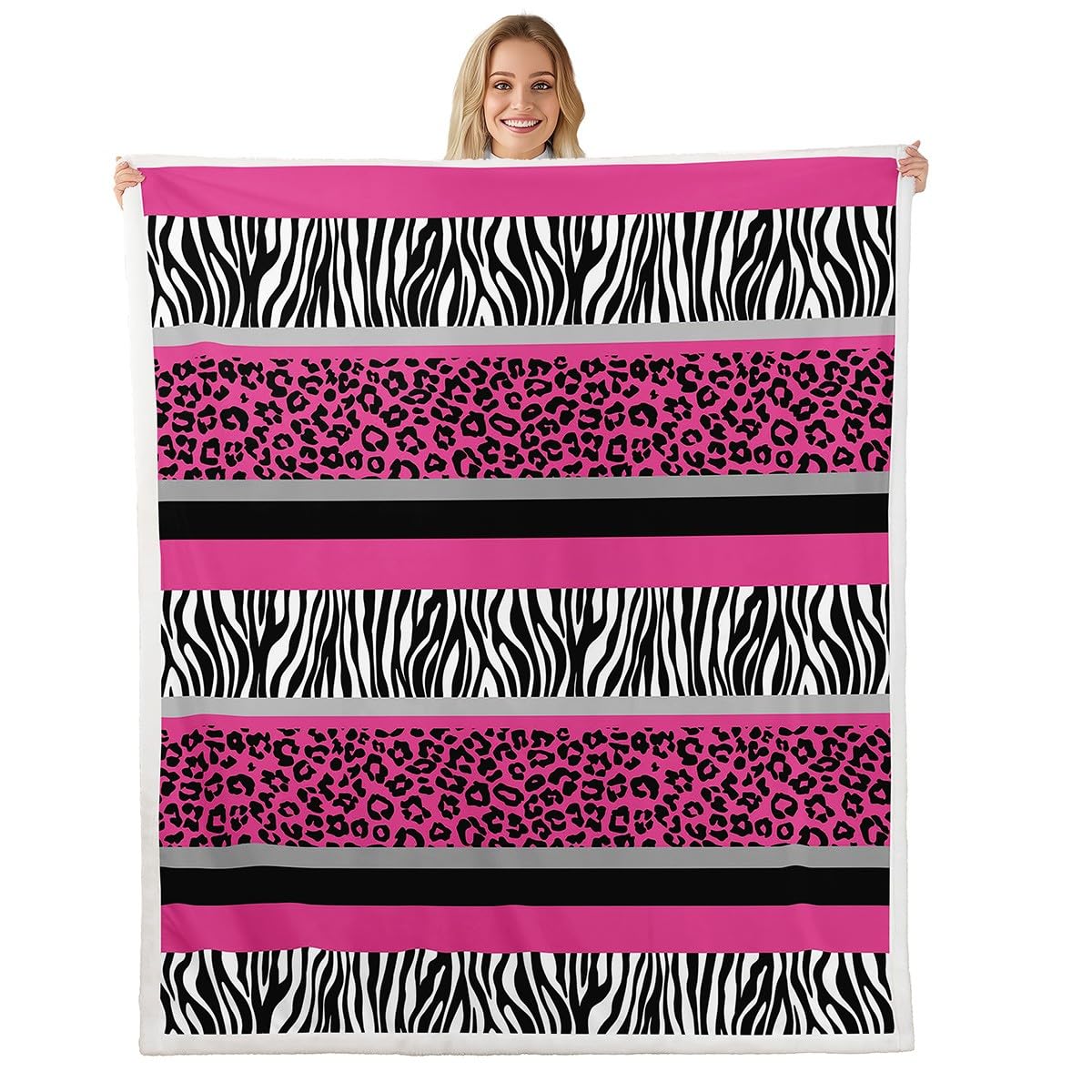 Zebra Leopard Sherpa Throw Blanket - Kids Girls Pink Black White - Ultra Soft Fur Plush - 50x60 Inch