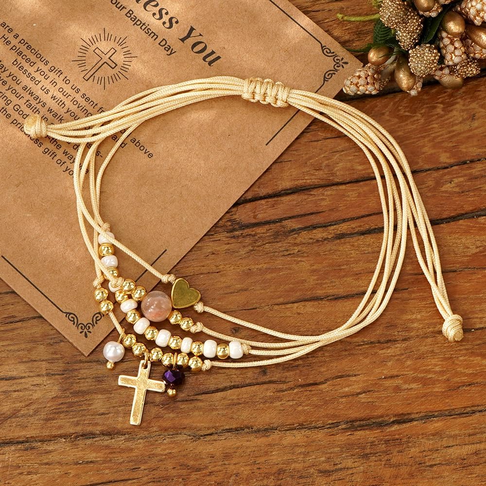 Gold Beads Love Heart Cross Drawstring Bracelet for Women,Dainty Crystal Beaded Bracelet Friendship Good Luck Charm Jewelry Gifts - Image 4