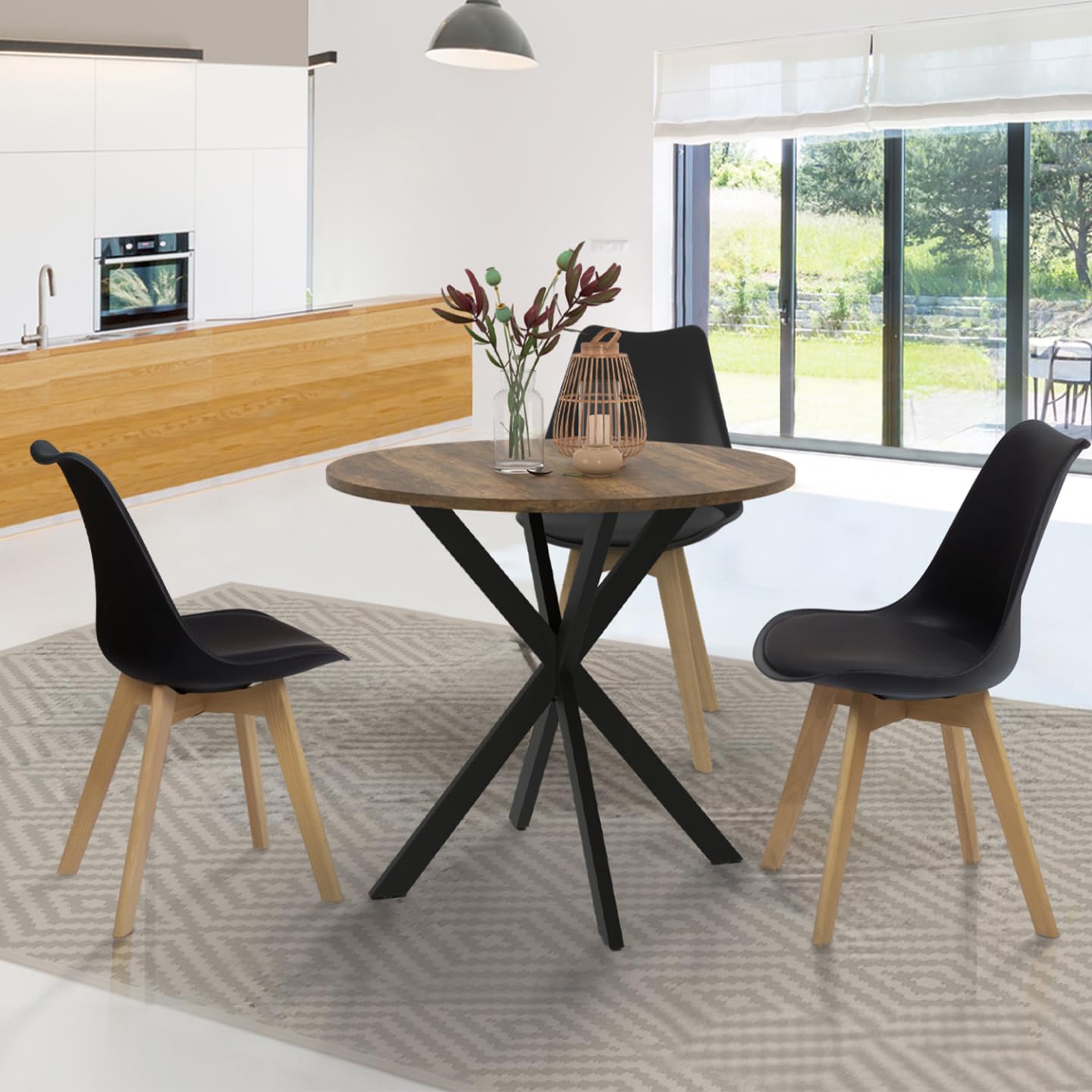IDMarket - Table à Manger Ronde Alix 4 Personnes Pied araignée Noir et Plateau Bois foncé Hawkins 80 cm