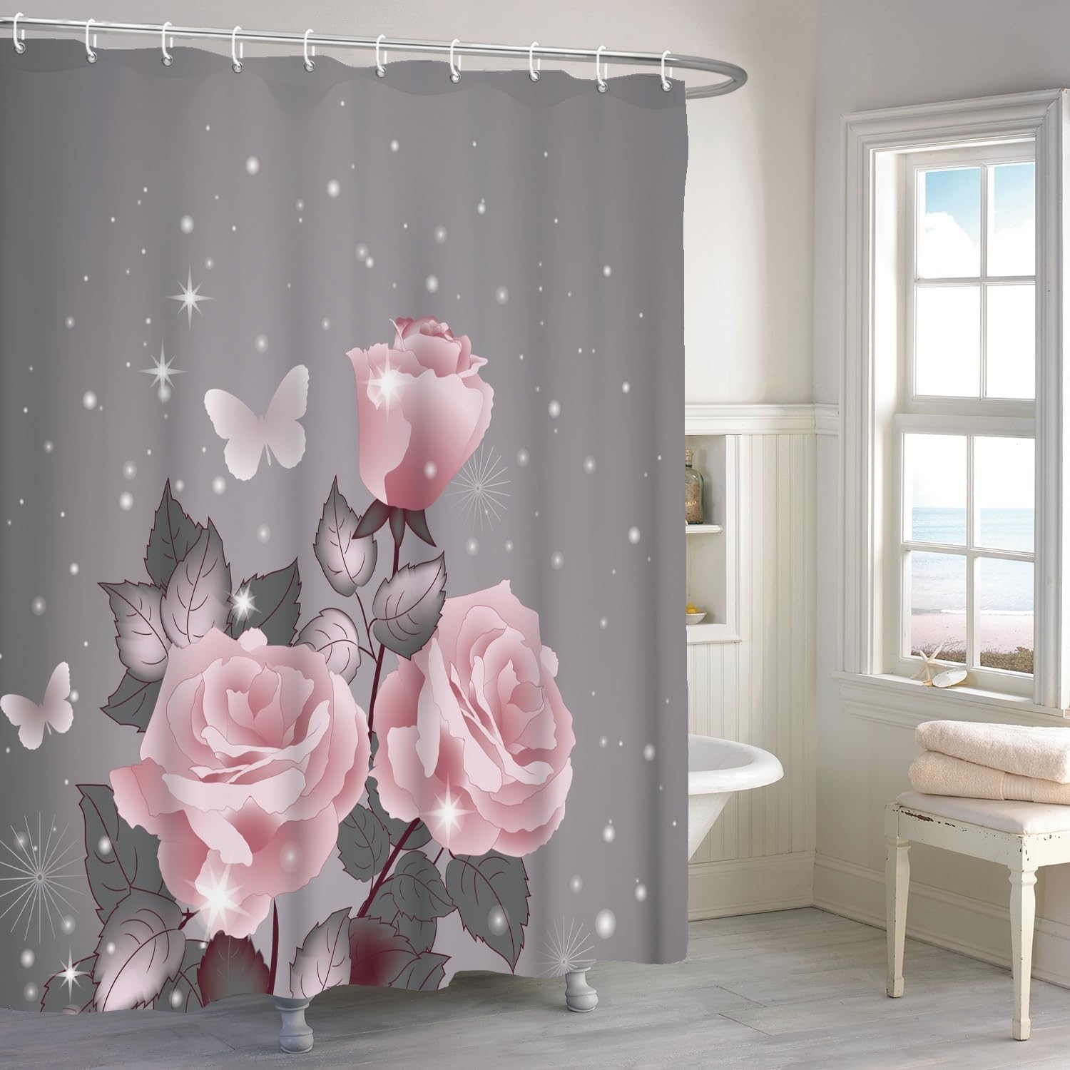 OERJU Floral Shower Curtain Pink Rose Stylish Bath Curtain with Printted Pattern Grey Background Waterproof Polyester Fabric Bathroom Decor Set with Hooks 72x96inch