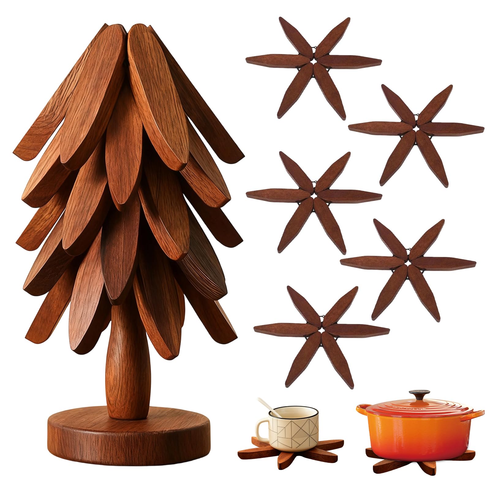 Tree Coasters Stackable Wooden Trivet Set,5PCS Walnut Stand Place Mats Dish Mat for Kitchen Worktops,Christmas Table Decoration Trivets with Holder Natural Wood Pieces for Hot Dishes.
