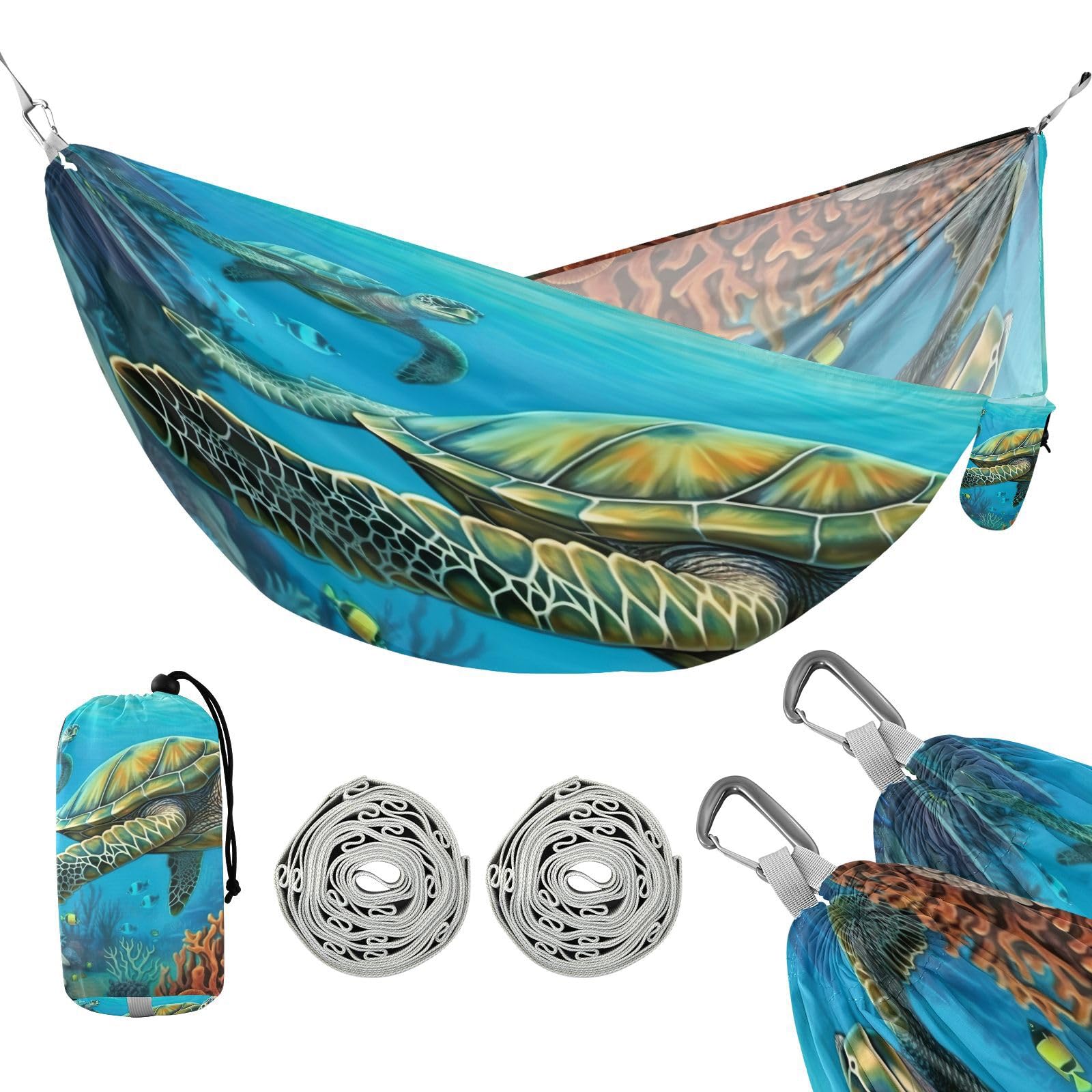 Haskirky Green Sea Turtle Camping Hammock, Single Portable Hammocks with Tree Straps & Attached Carry Bag, 330Lbs Capacity Perfect for Outside Indoor Hiking Beach Backpack Travel