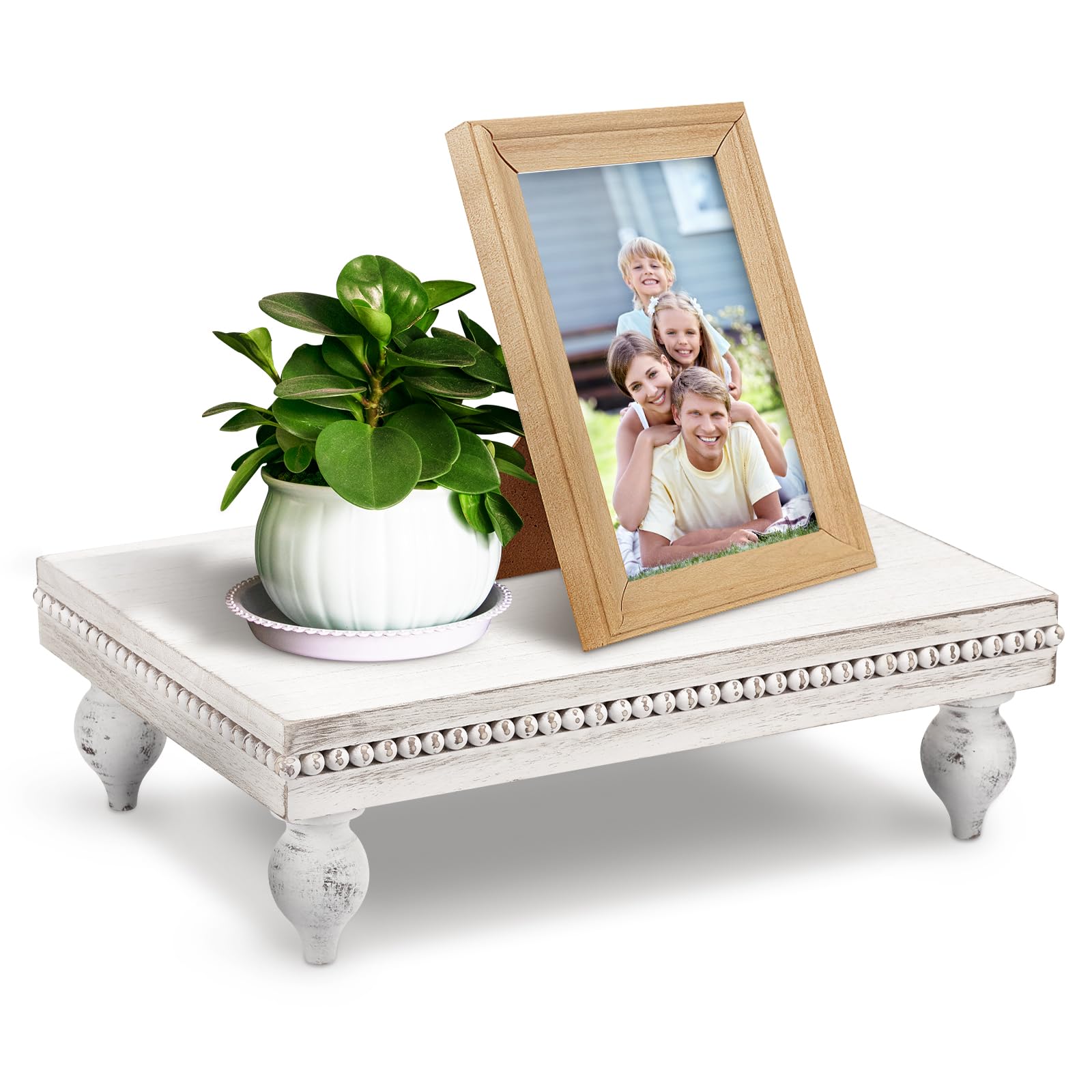 GWCYMYD Wood Display Risers,White Beaded Decorative Trays,Wooden Pedestal Riser,Wood Pedestal Stand,Farmhouse Wooden Riser Tray