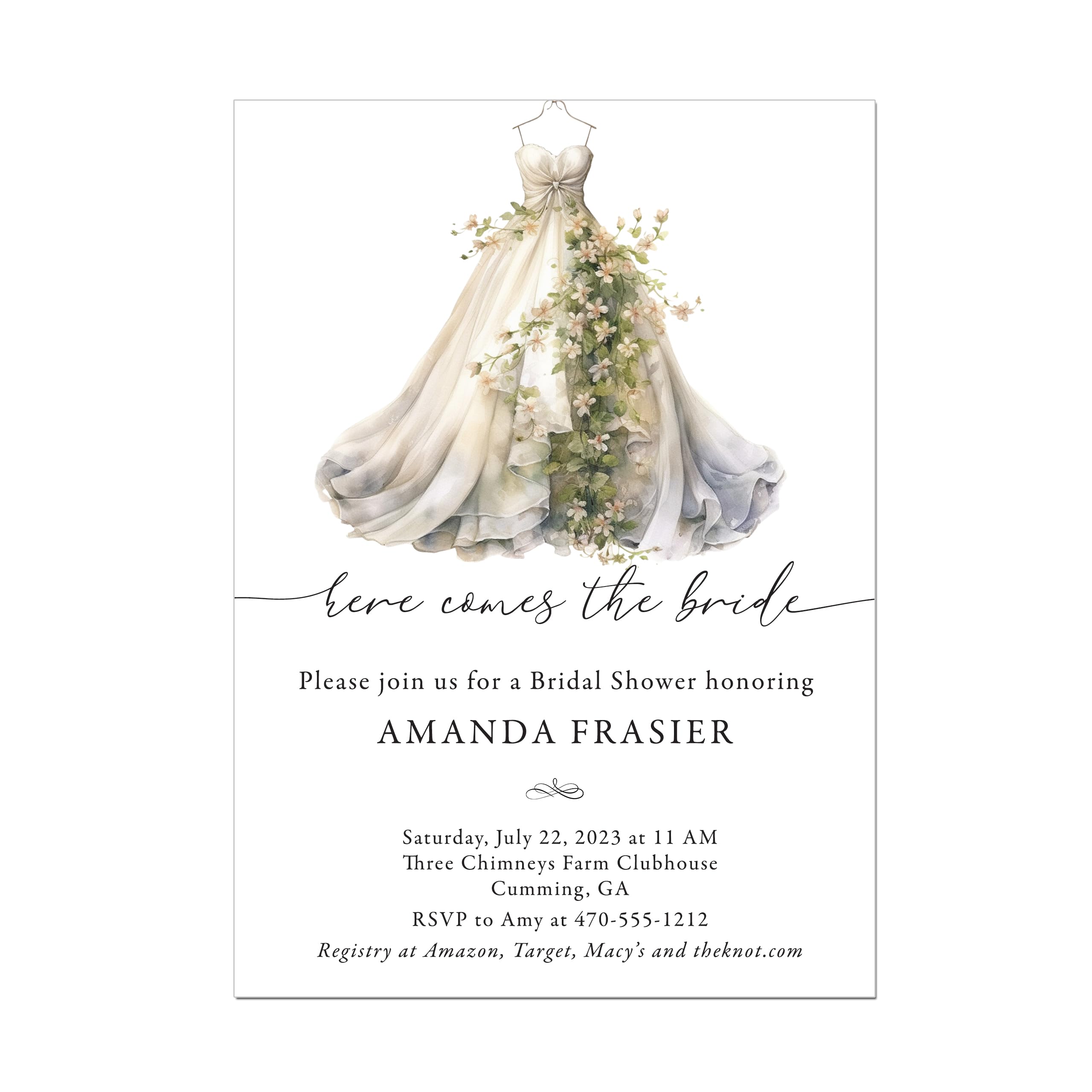 Amazon.com: Floral Wedding Dress Bridal Shower Invitation, Here comes the  bride : Home & Kitchen