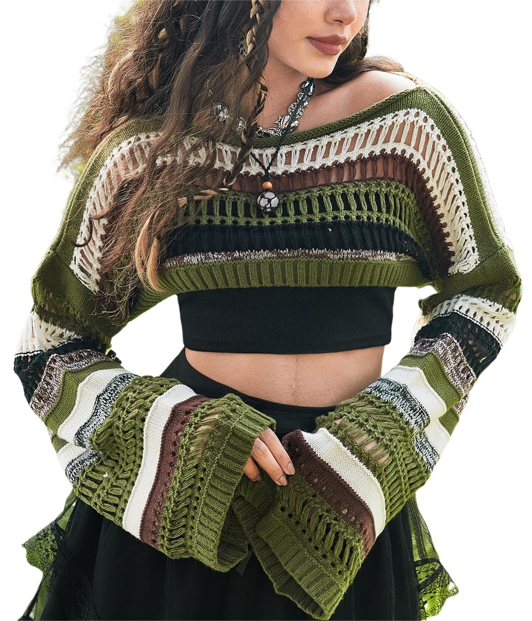 WDIRARA Womens Striped Crochet Shrug Boat Neck Crop Sweater Colorblock Drop Shoulder Pullovers Long Bell Sleeve Knit Tops