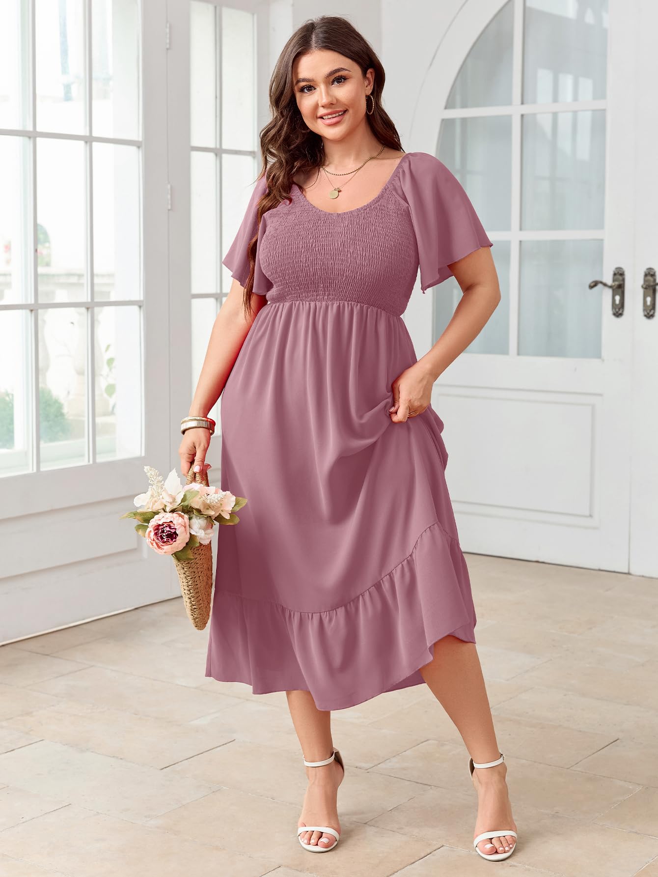 SCOMCHIC Damen Plus Size Sommerkleid Casual Kurzarm U-Ausschnitt Maxikleid Gesmokte Rüschen Boho Flowy Lange Kleider