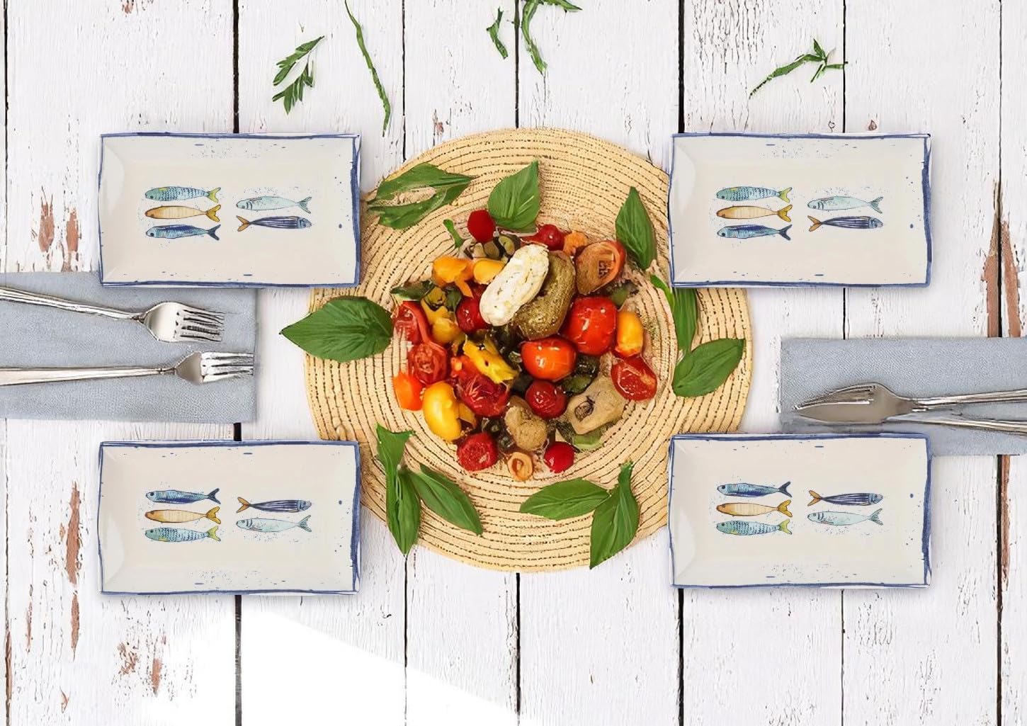 Mediterrane Teller Mit Sardinen Motiv - Steinzeug 2er Set - Suppenteller 21cm Maritime Design