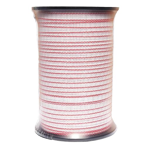 Cinta de polietileno eléctrica para valla 5 conductores de acero inoxidable de larga duración Rollo de 656 pies Polytape blanco y rojo de 12