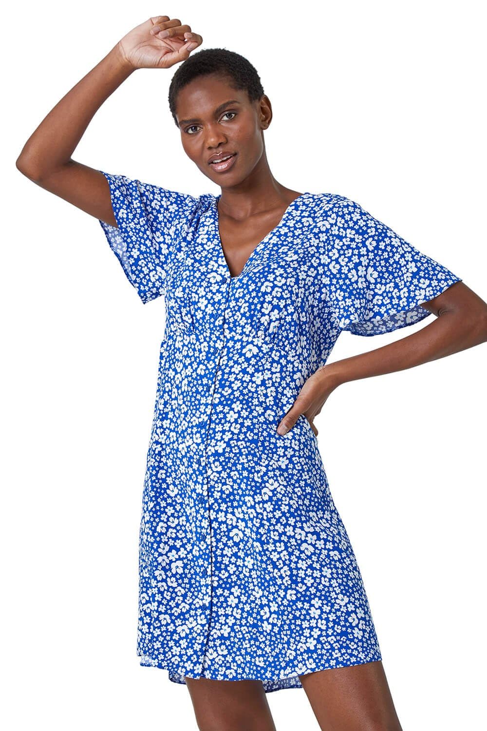 Roman Originals Women's Blue Roman Ditsy Floral Print Button Dress For Uk - Spring Everyday Summer Holiday V-Neckline Comfy Short Sleeve Soft Fit & Flare Frock Dinner Date Gowns - Size 18
