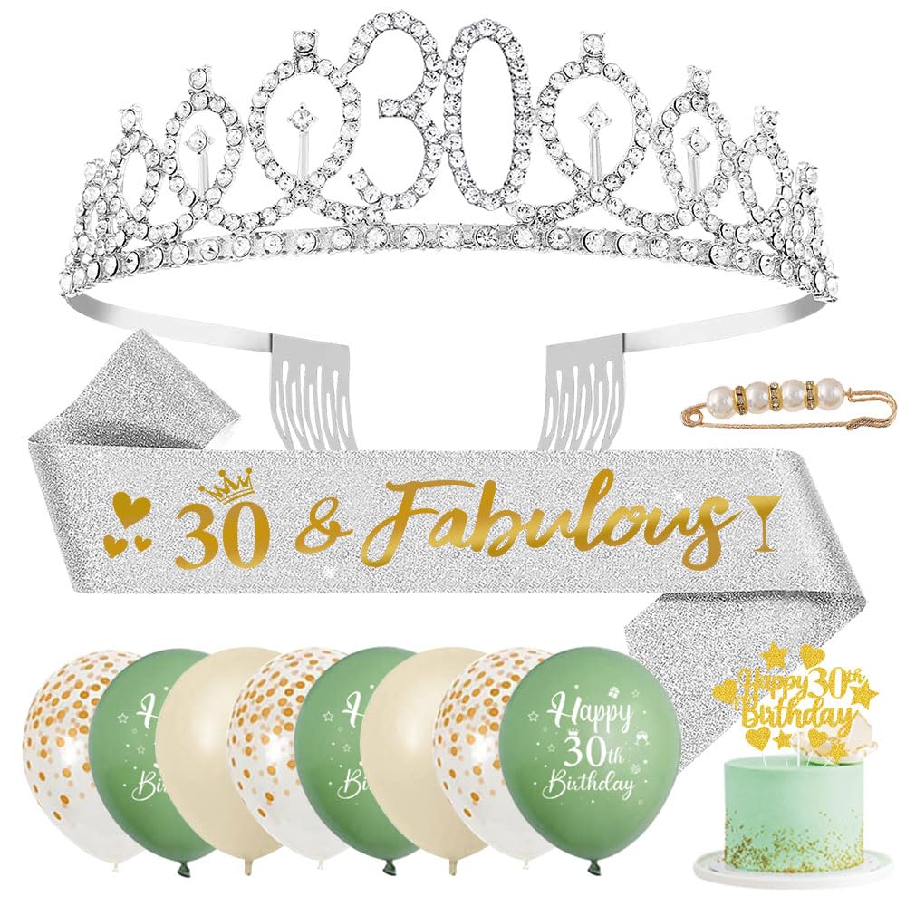 Rhinestone Crown Balloons Birthday Cake Topper (30 Years)