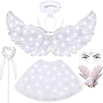 Light Up Angel Wings and Halo for Women and Girls, Tutu Angel Costume Set