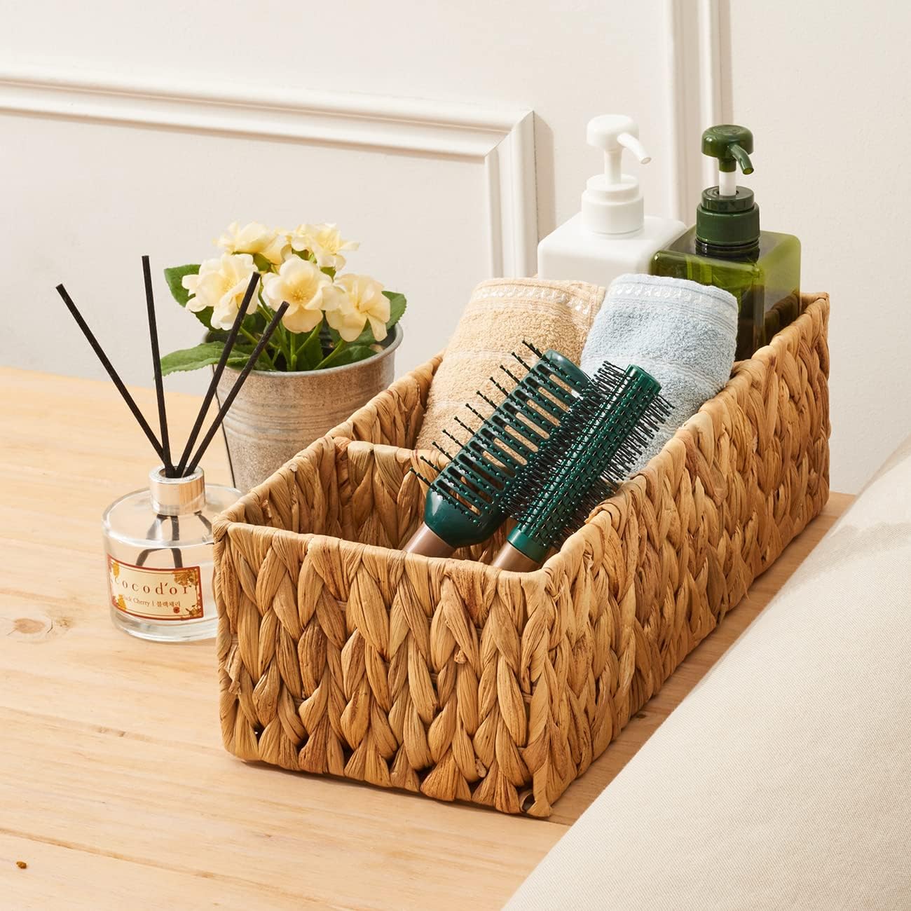 EZOWare Lot de 2 Paniers de Rangement Divisé en Jacinthe d'Eau Tressé, 3 Compartiments Osier Naturel Boîte de Rangement Rectangulaires Pour Chambre d'Enfant, Salle de Bain, Garde Manger