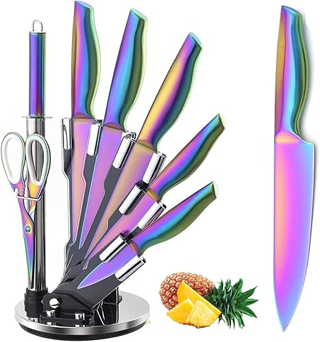 Juego de 8 cuchillos de cocina con revestimiento de titanio arcoíris, apto para lavavajillas, acero inoxidable con mango ergonómico