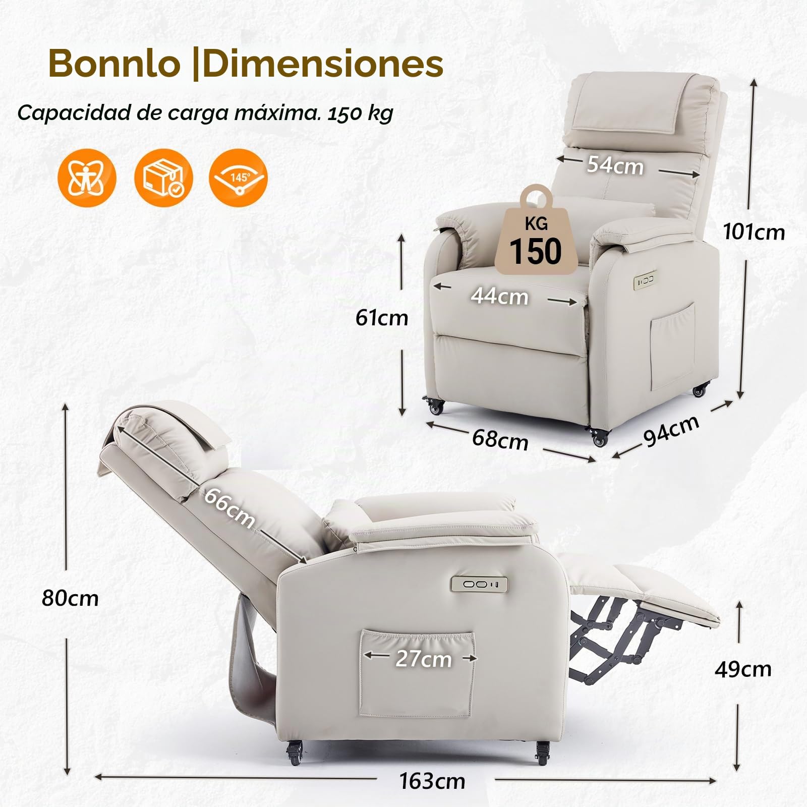 Bonnlo Sillón de relax, sillón de televisión, sillón de masaje eléctrico con función reclinable, sillón de TV, masaje de 2 puntos y función de calor, puertos USB-C y USB-A, 1 bolsillo lateral, piel