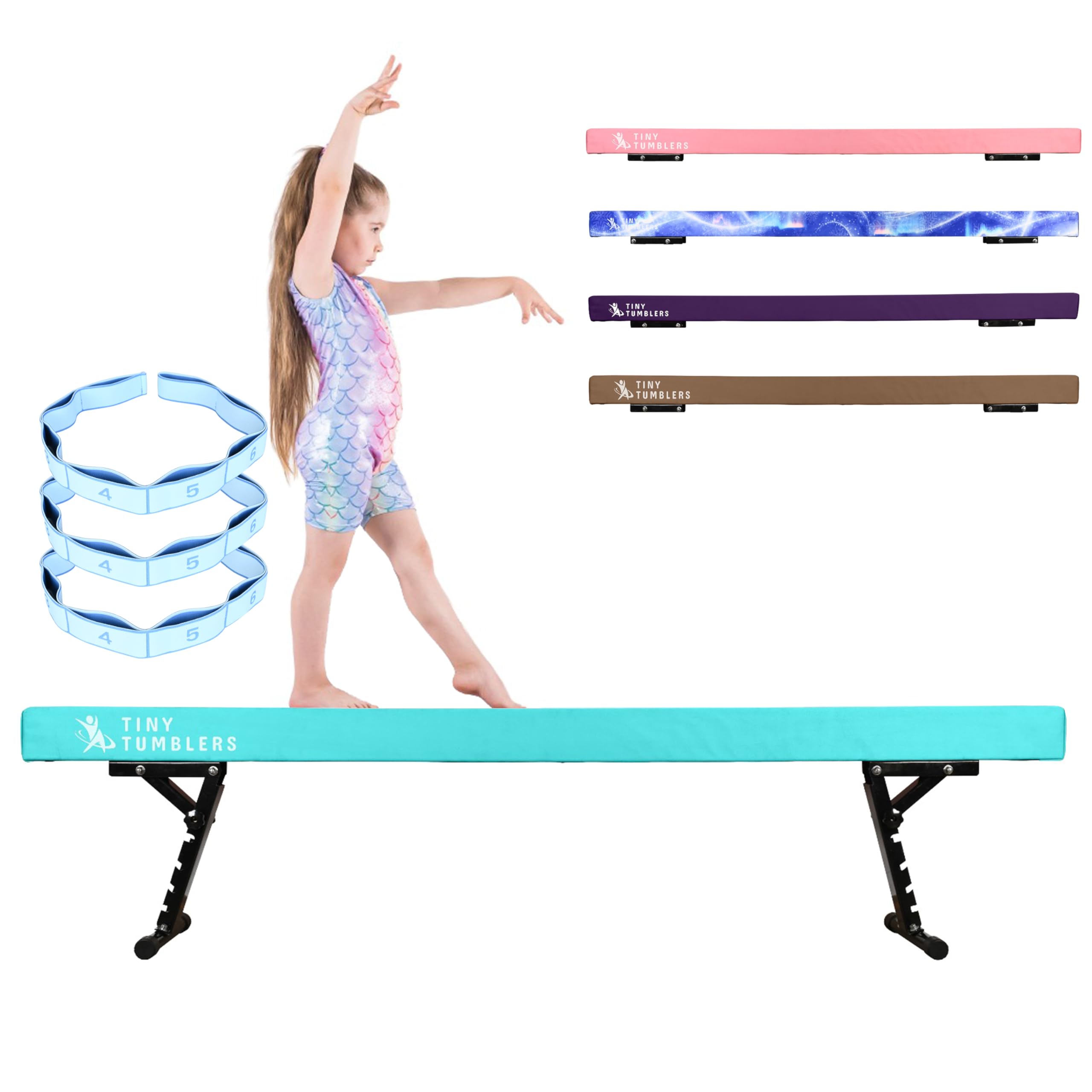 TINY TUMBLERS Gymnastics Beam For Kids - Advanced Adjustable Gymnastics Equipment For Children at Home - High and Low Beam - Faux Suede, Five Height Levels - Flexibility Strap Included