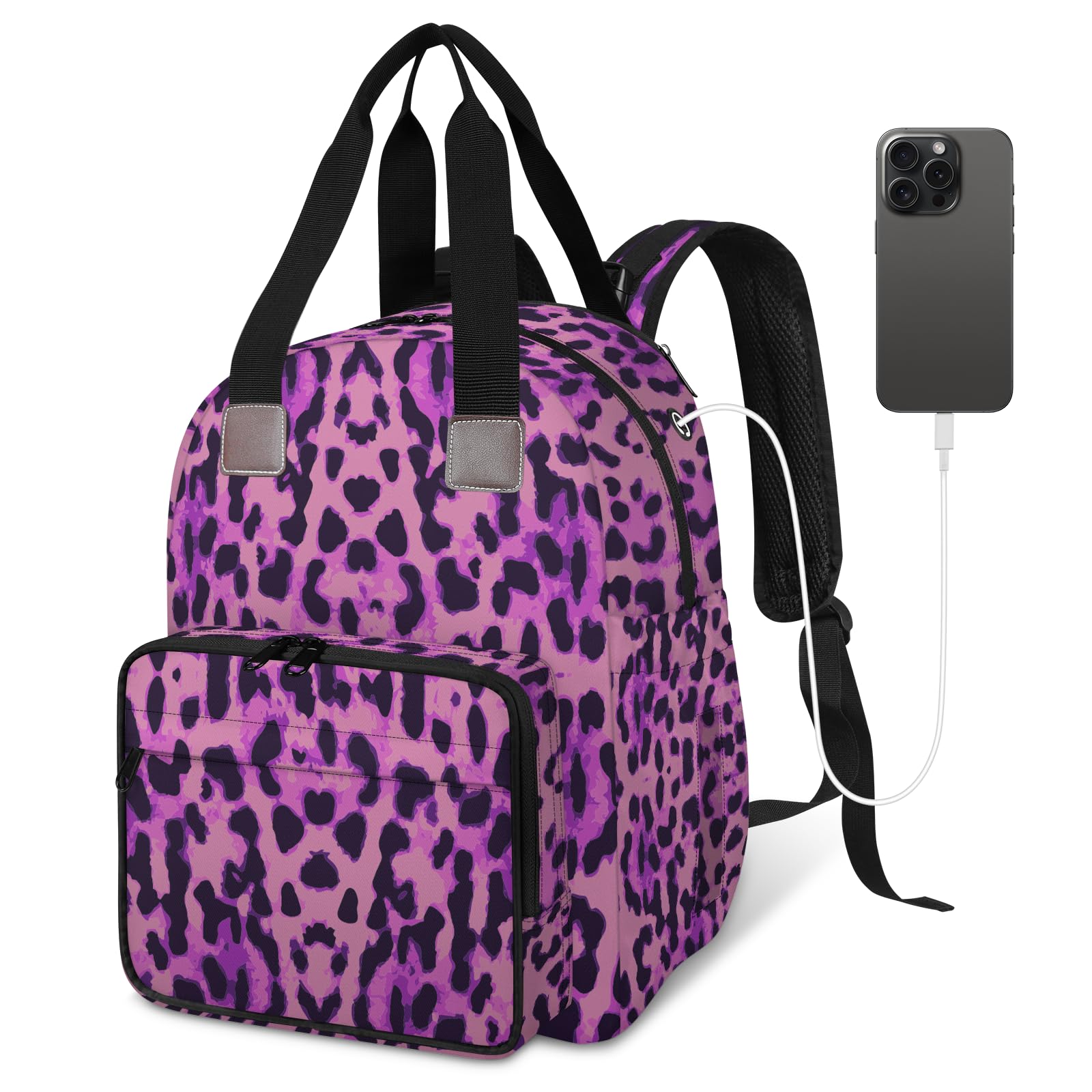 XMNYGJ Purple Leopard Print Diaper Bag Backpack Baby Essentials Travel Tote Bag with USB Charging Port Large Waterproof Moms Dads Backpack for Work