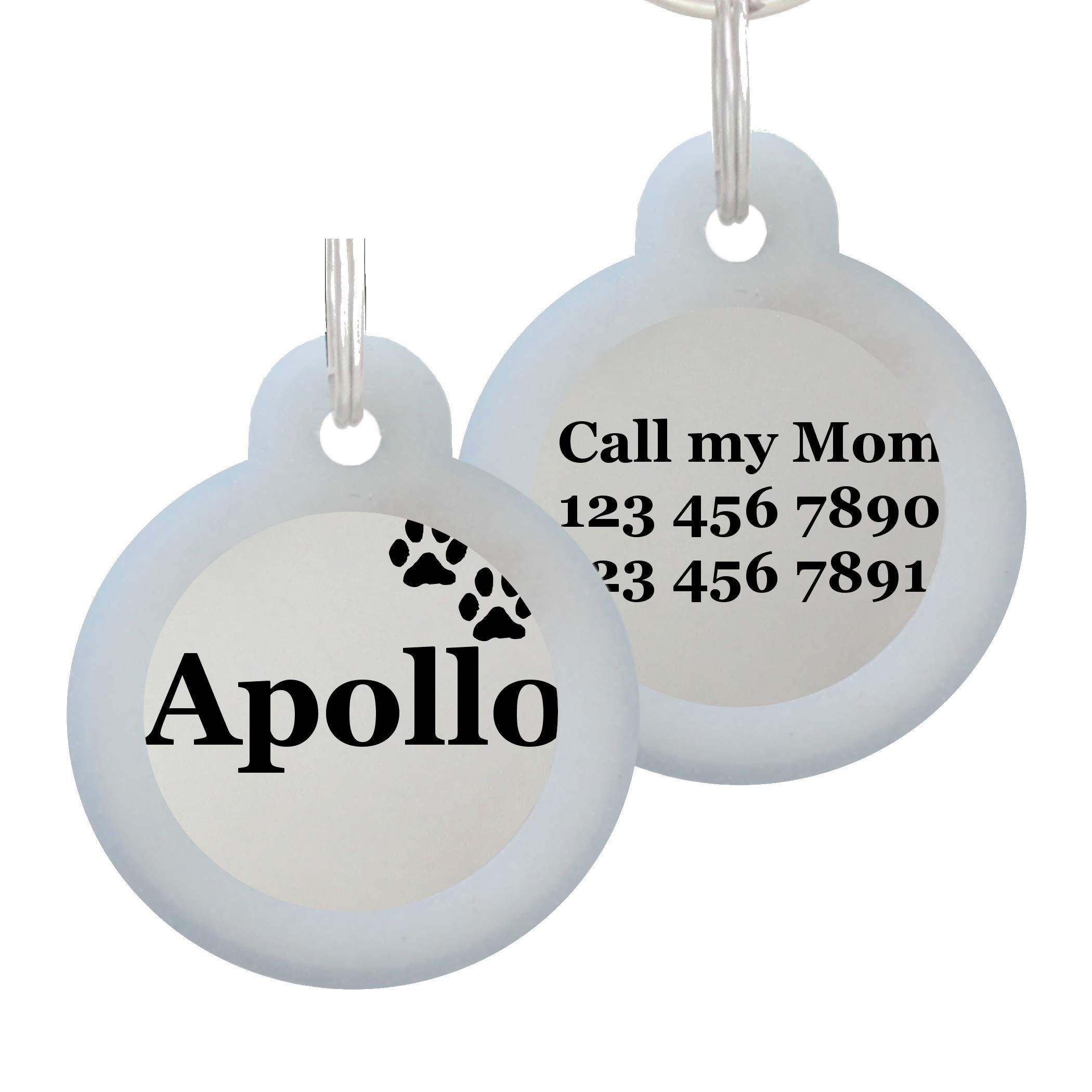 Double Sided Laser Etched Stainless Steel Pet ID Tag for Dog and Cat Engraved and Personalized 1" Round Shape (Paws with Silencer)