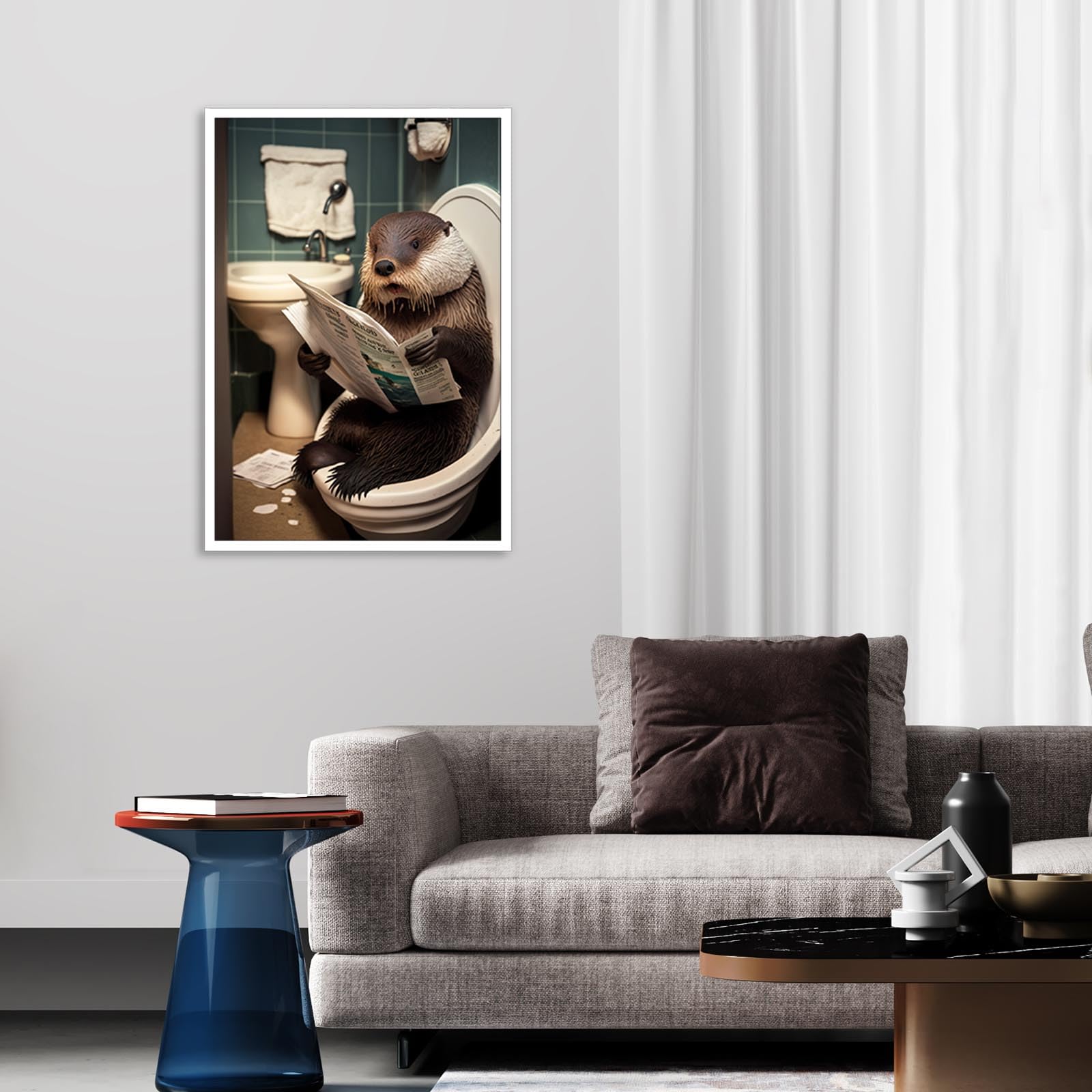 Affiche humoristique Loutre pour salle de bain | Décoration murale animalière | Décoration murale pour toilettes | Impression noir et blanc | Téléchargement numérique pour toilettes invités - France