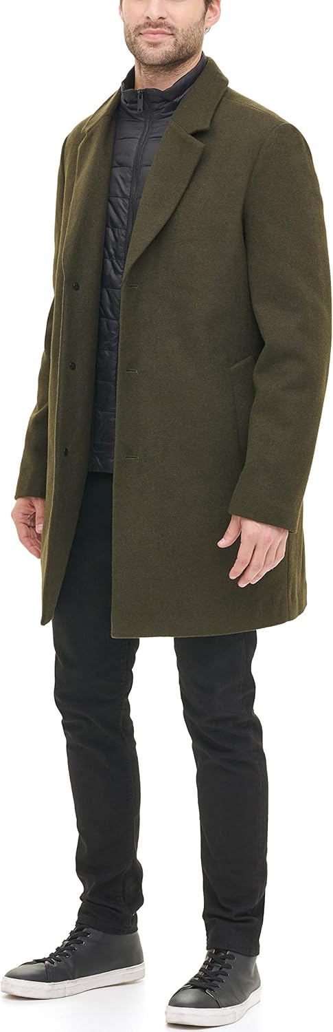 DKNY mens Wool Blend Coat With Removable Quilted Bib