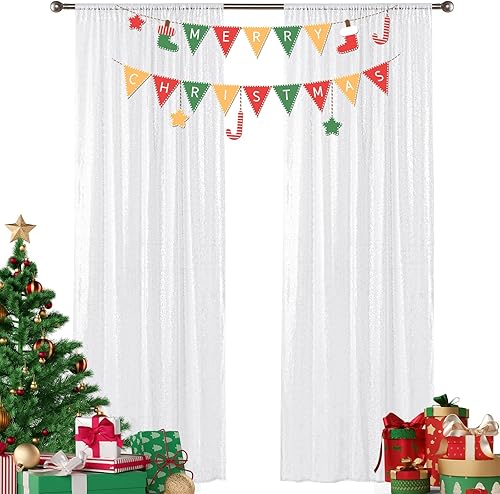 Sugargirl - Cortina de fondo de lentejuelas blancas, 2 paneles de 2 pies x 8 pies, cortinas de fondo brillantes blancas, cortinas de purpurina para