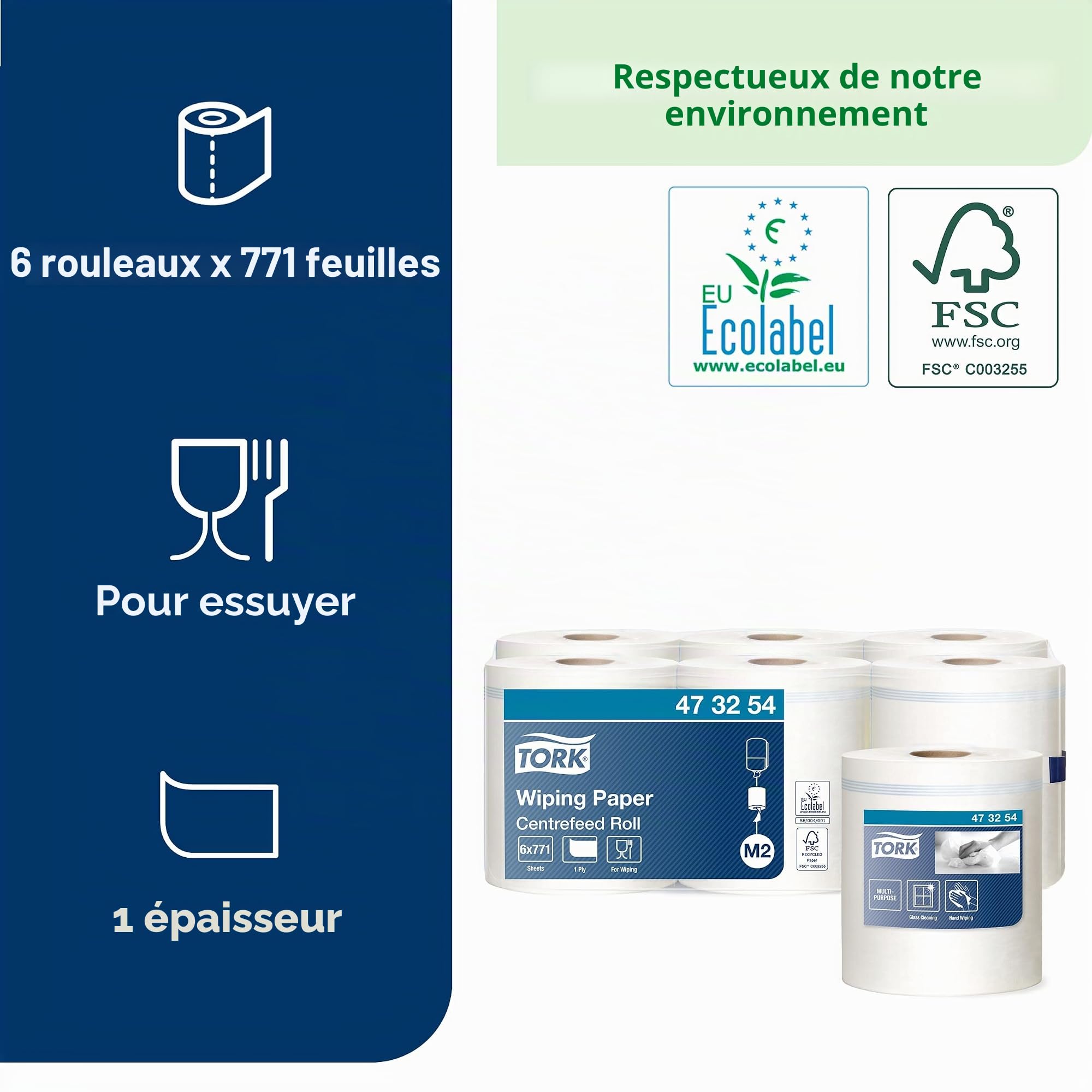 Tork 473254 Papier d'essuyage Universal - Blanc - 1 pli - lot de 6 rouleaux - 6 x 270 m - 35 x 19,8 cm
