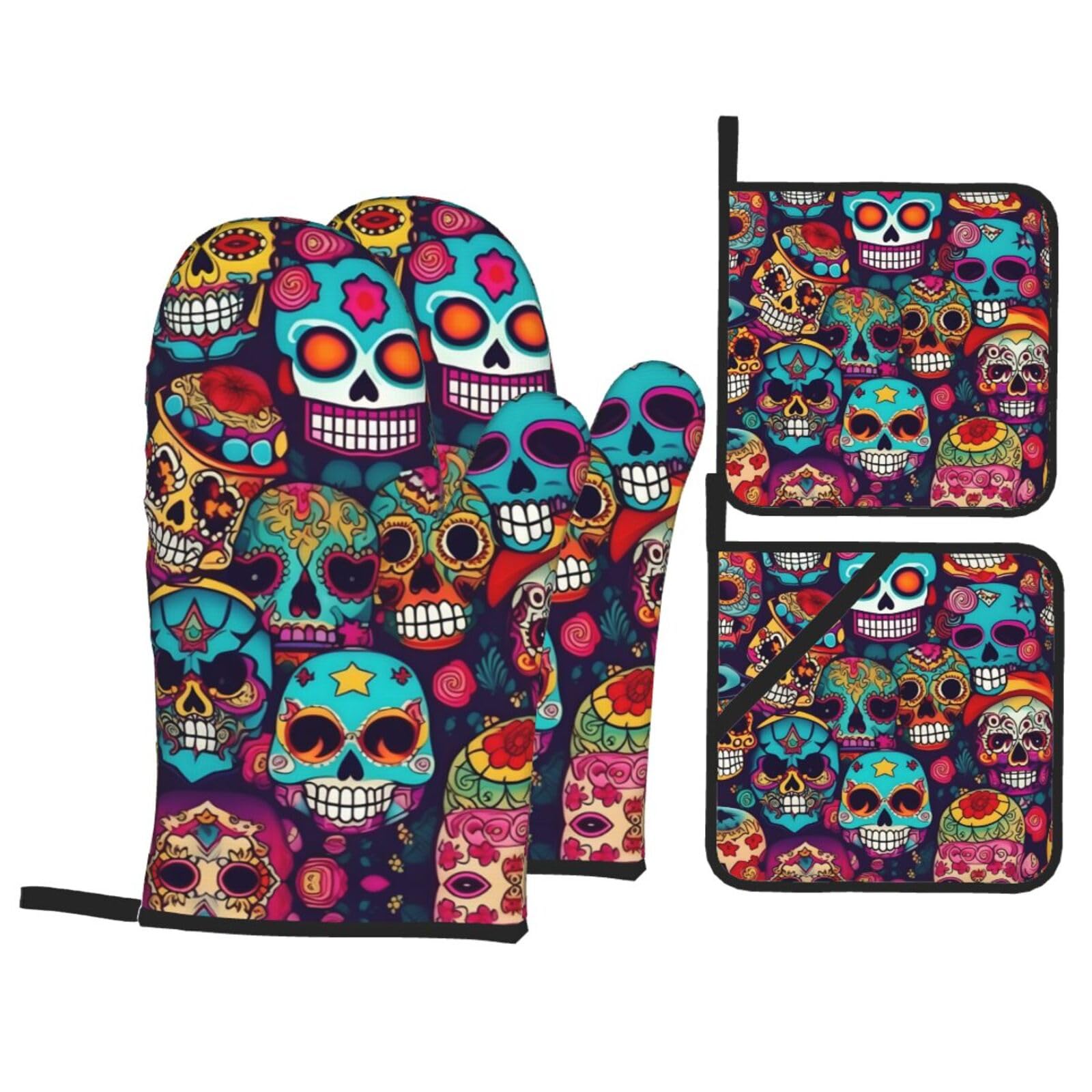 Sugar Skulls Print Oven Microwaving Waterproof Kitchen Gloves for Baking Grilling Holiday Cooking