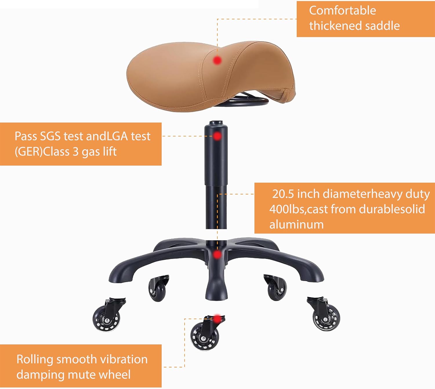 Saddle Salon Stool with Wheels,Heavy Duty Adjustable Rolling Stool for Barber, Tattoo, Nail,Spa,Dentist(Brown) - Image 5