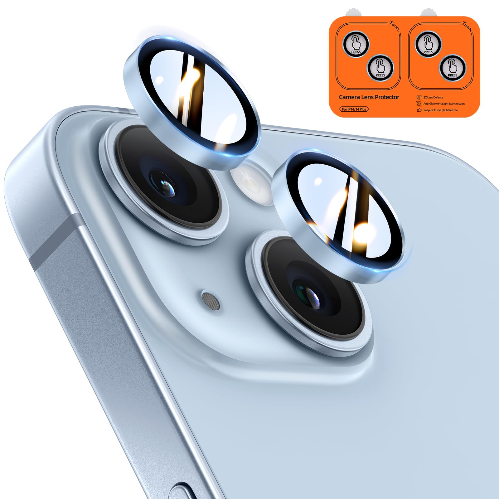 TOCOL Camera Lens Protector for iPhone 14 / iPhone 14 Plus Tempered Glass HD Individual Scratch Resistant Camera Cover Accessories Case Friendly 2 Pack（Light Blue）