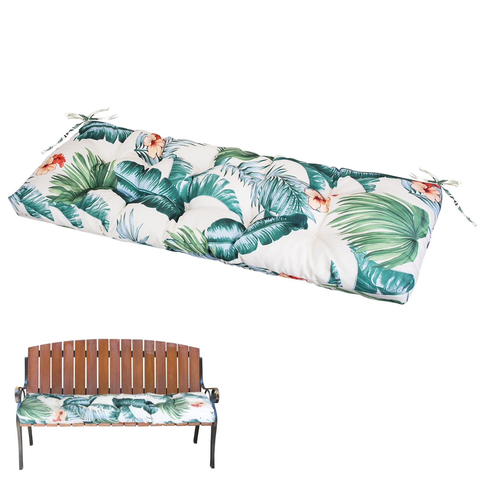 TeqHome Outdoor Bench Cushion, Non-Slip Tufted Cotton Patio Furniture Cushions with Ties Straps, Fade Shield Thicken Waterproof Super Soft Bench Seat