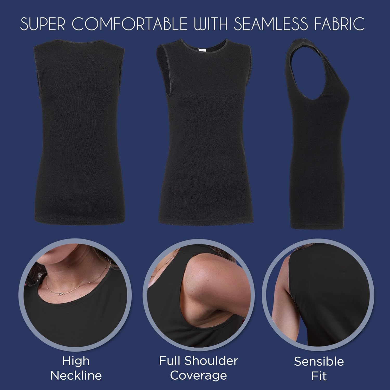 Sleeveless Undershirt | 100% Cotton | Smooth | Seamless | (Large, Black) - Image 3