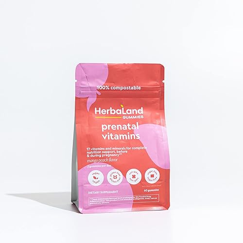 Herbaland Gomitas prenatales veganas 17 vitaminas y minerales para apoyar el embarazo, vitamina A, C, B6, D3, K2, biotina, folato, calcio, azúcar y