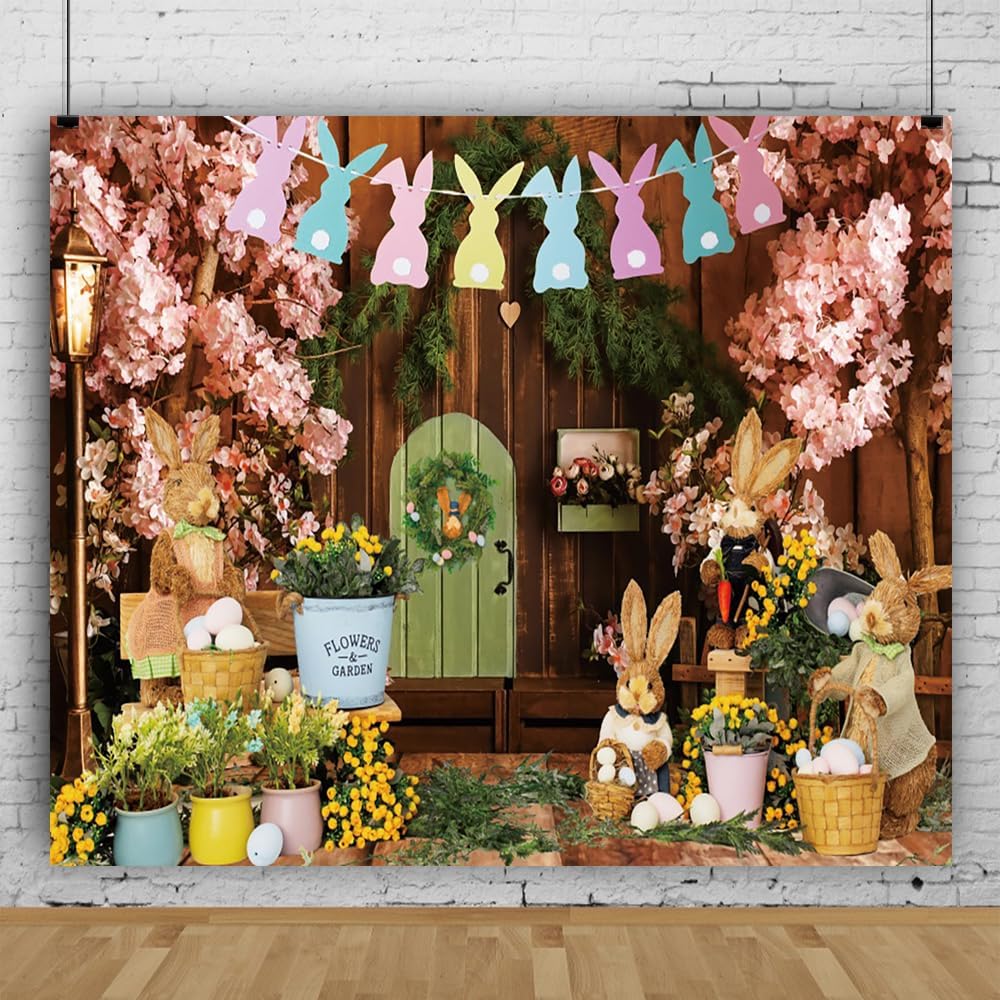Spring Easter Backdrop for Photography 10x8ft Easter Eggs Bunny Flag Indoor Pink Flower Tree Photo Background Festival Portrait Photoshoot Background Party Decorations Studio Photo Booth Props
