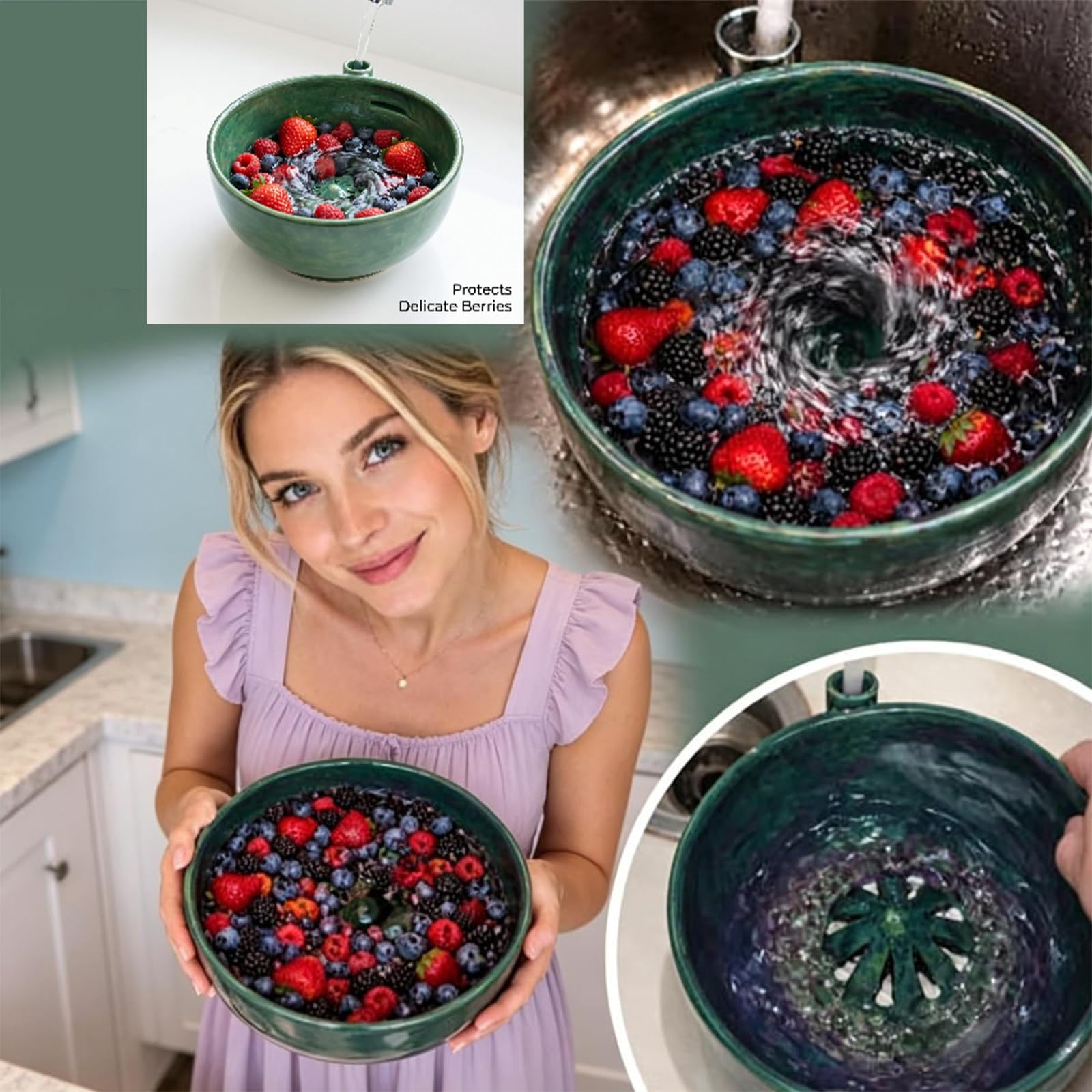 Berry Bowl, Self Spinning Berry Washing Bowl, Ceramic Fruit Washer Colander with Drain Holes, 360° Vortex Cleaning for Berries & Vegetables (1ps)