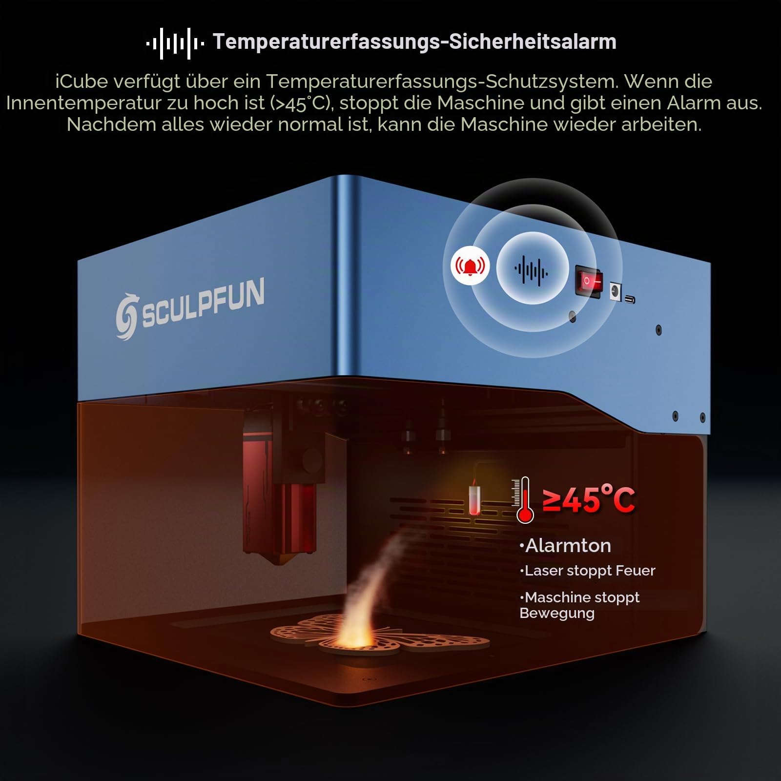 SCULPFUN iCube 3W Lasergravierer, 0,02 mm Laserpunkt, 10000 mm/min Gravurgeschwindigkeit, Laser Graviermaschine mit Rauchfilter, App-Verbindung, 32-Bit-Motherboard, 130 x 130 mm