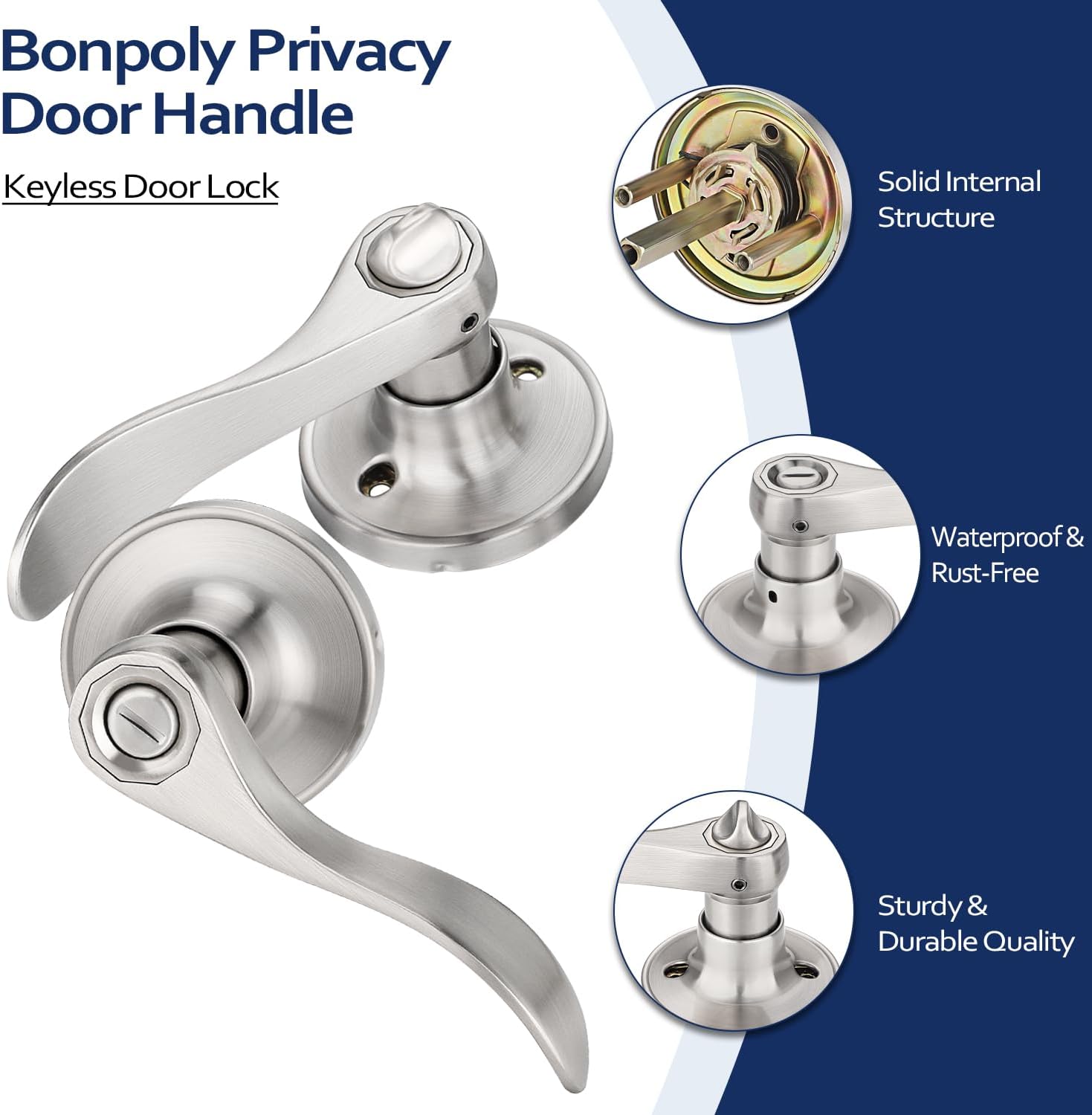 5 Pack Silver Door Knobs, Interior Door Handle, Keyless Bedroom Door Knobs, Bathroom Door Lock, Privacy Door Knob, Unique Wave Lever for Left/Right Sided Doors