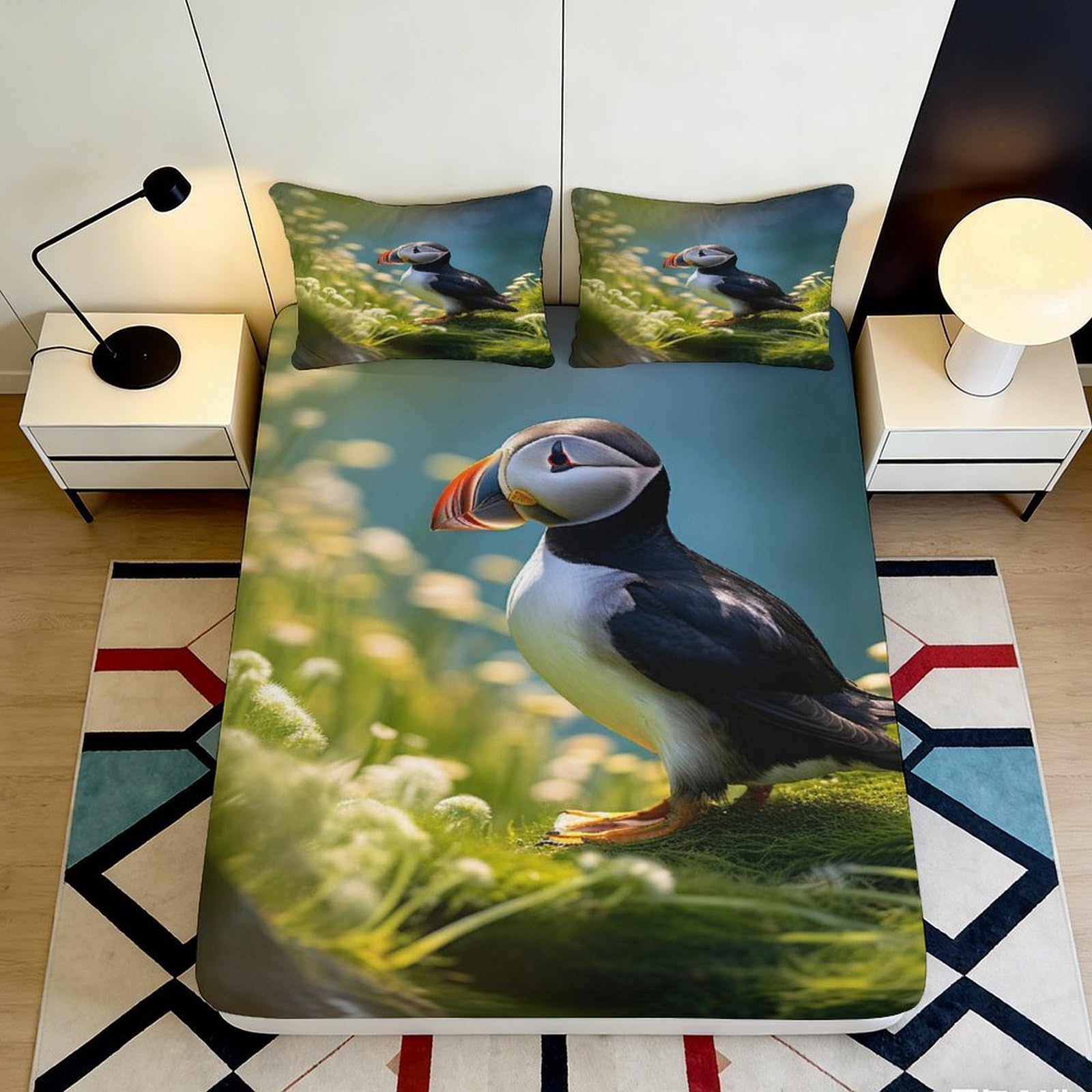 Pnayamiorkfel Style-3 3D Printed Puffin Meadow Fitted Sheet Microfiber Soft Anti-Slip Seabird Bed Cover For Bedroom Guest Room Decor 90X200x25cm