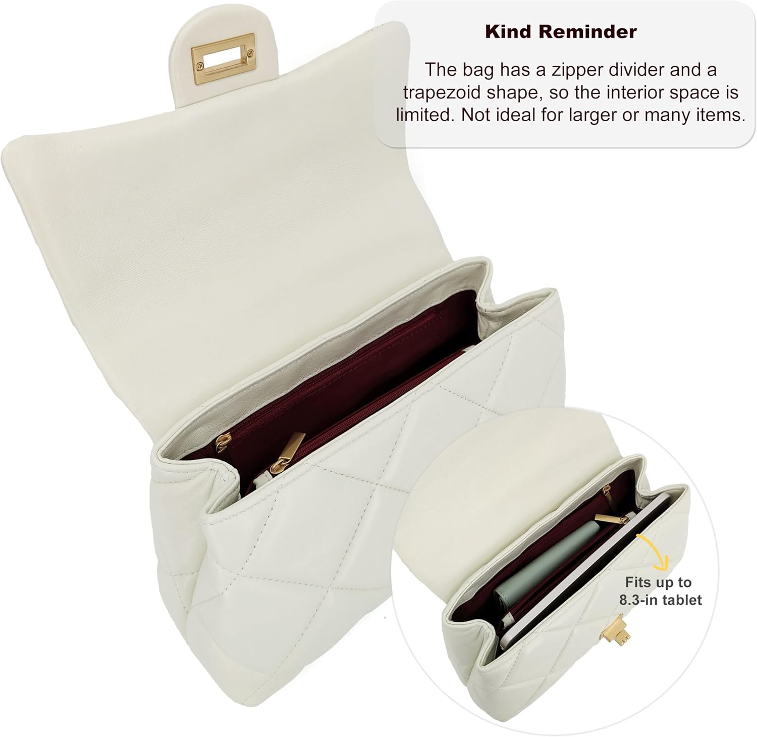 Quilted Leather Crossbody Bags for Women w/Detachable Gold Chain Strap, Designer Top Handle Bag, Shoulder Flap Purse - Image 5