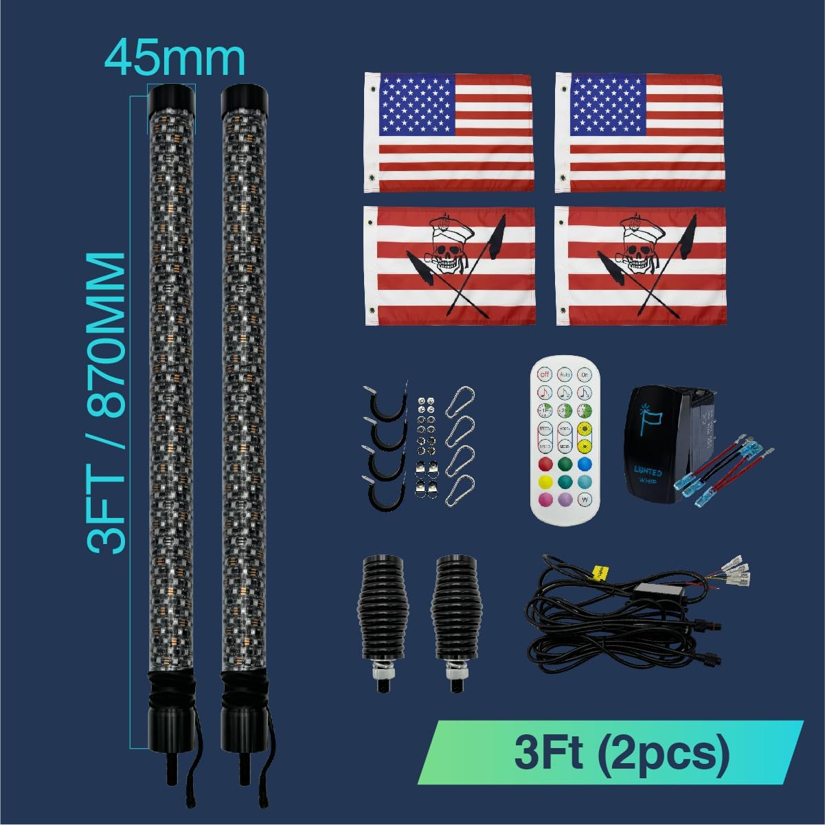 Fat Whip Lights, 2 Pack 3ft LED Whip Lights with Spring Base App & Remote Control Rocker Switch Spiral RGB Chasing Lighted Antenna Stick Fat Whips Light for ATV UTV Can-Am SXS Truck RZR