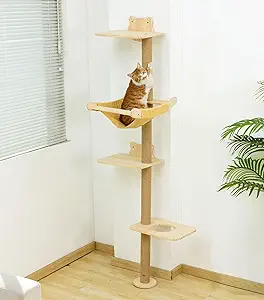 Cat Tree with Hammock, Tall Wall Mounted Wood Scratching Post for Indoor Cats Climbing Activity Tower