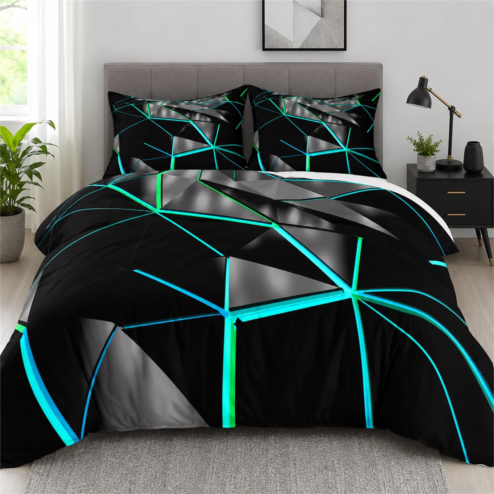 Tabeskly Boys Kids Geometric Triangle Bedding Geometry Triangular Polygonal Single Duvet Cover Sets with Zipper Black Neon Blue 135x200 CM — image 1