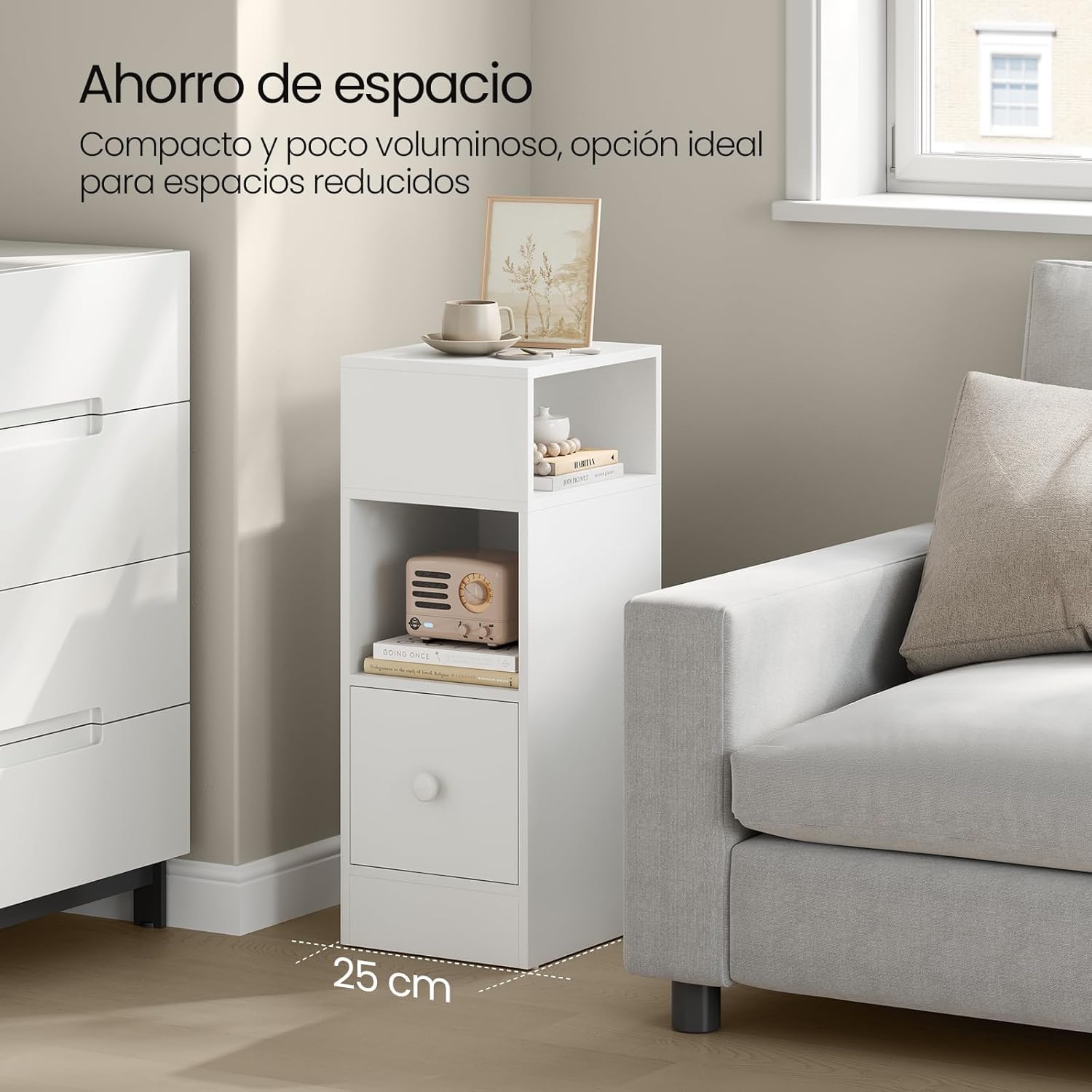 EUGAD Mesitas de Noche Pack 2 Estrechas Blancas con 2 Compartimentos y 1 Cajón, 25x30x66 cm, Mesillas Auxiliares para Dormitorio Pequeño y Salón Espacios Reducidos, Moderno Madera, 0179ZZ-2