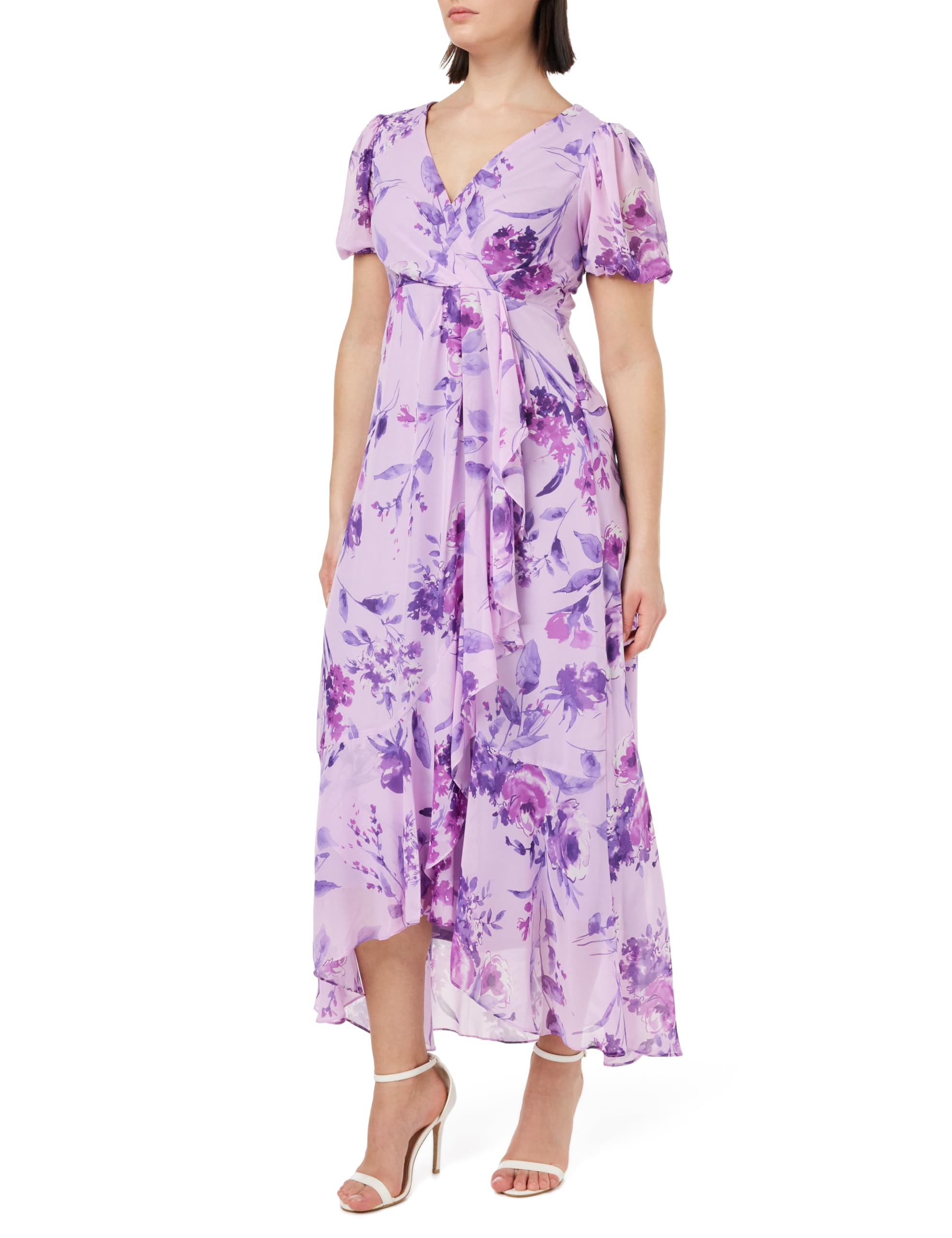 Gina Bacconi Long Printed Dress with Surplice Neckline with Short Sleeve, Lilac, 16